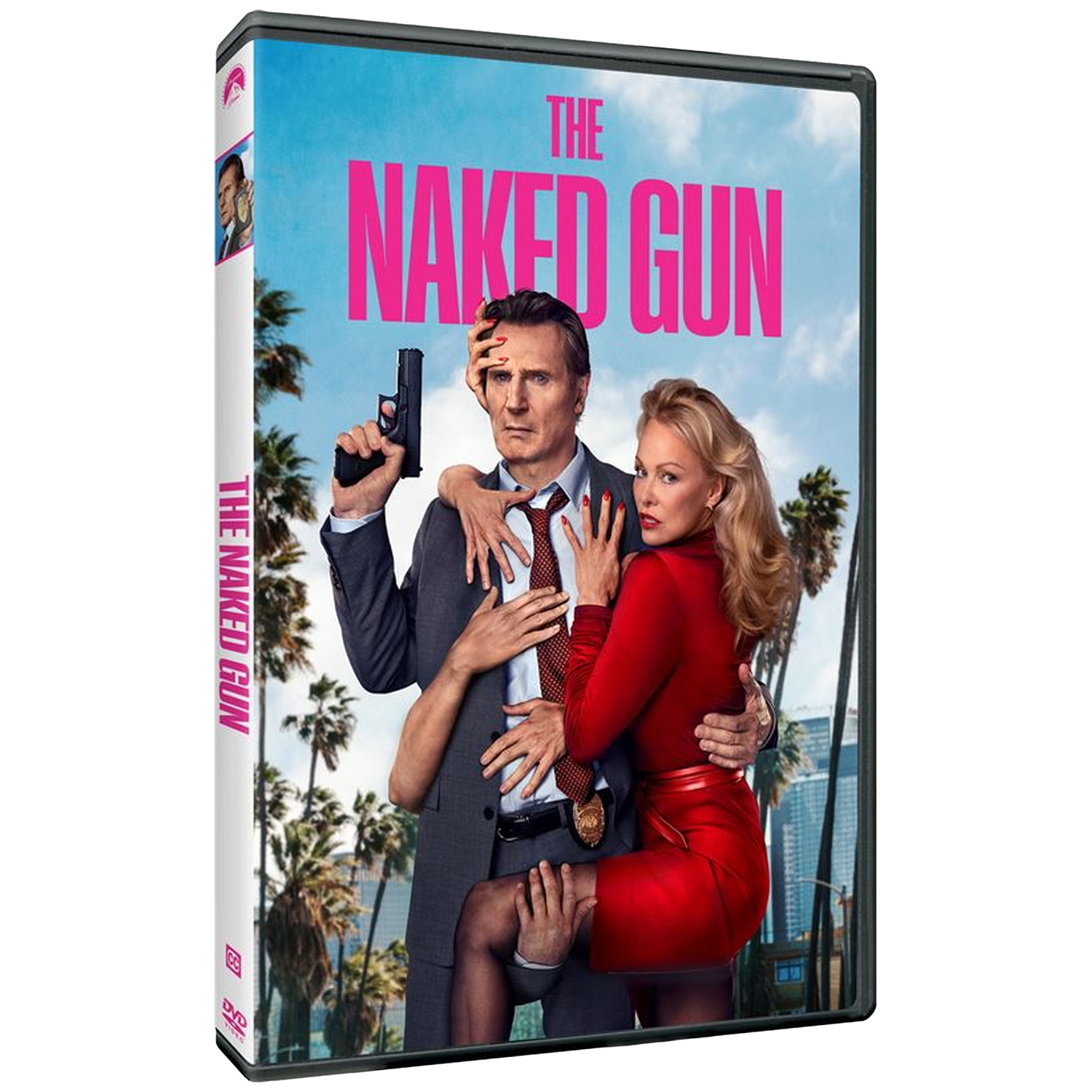 Couverture DVD du film 'Y a-t-il un flic pour sauver la reine ?'. Avec Liam Neeson tenant une arme, et une femme en robe rouge. Palmiers en fond.