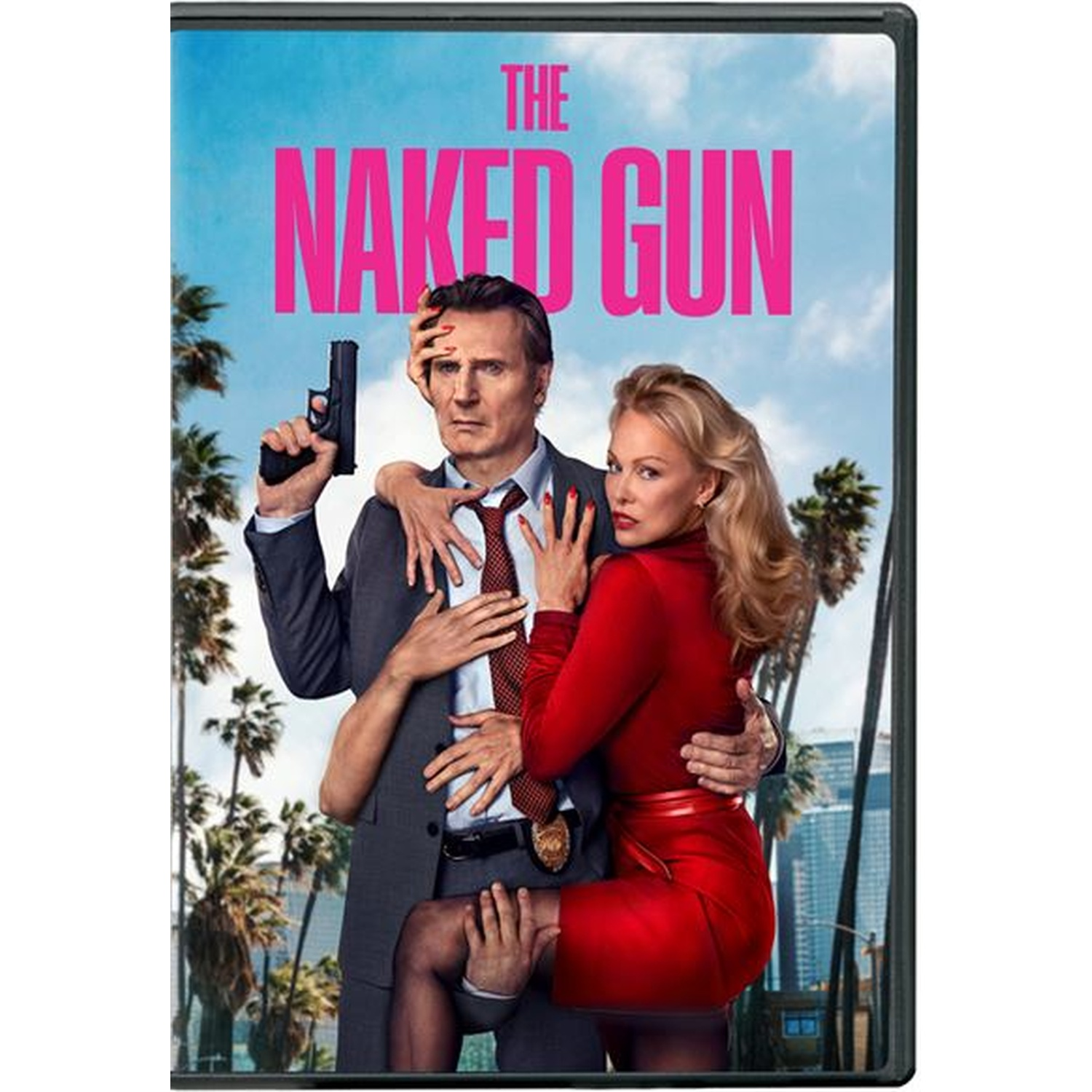 Couverture du film The Naked Gun. Homme tenant une arme, femme en robe rouge. Palmiers et skyline en arrière-plan.