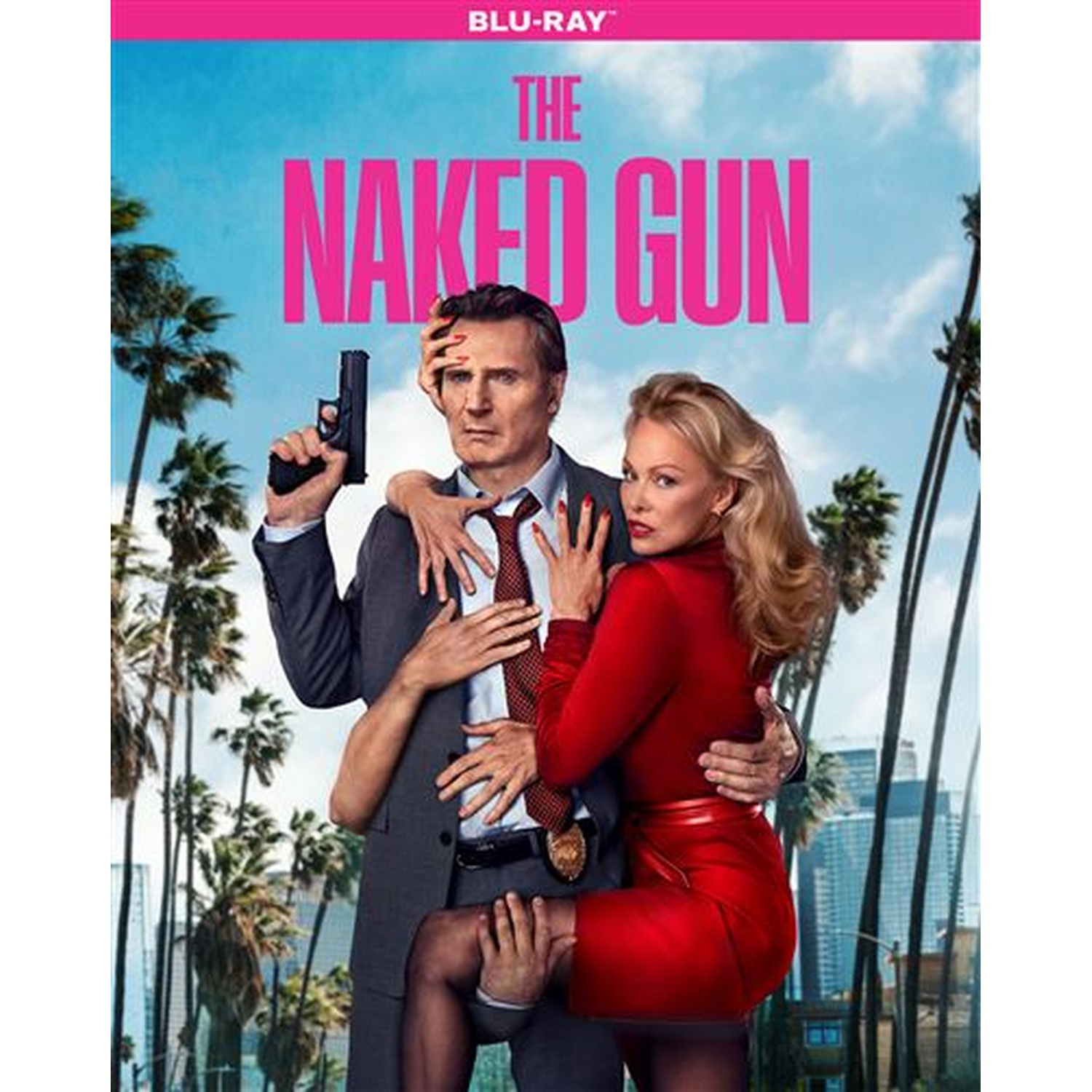 Affiche du film The Naked Gun. Un homme en costume tient une arme. Une femme en rouge l'embrasse. Palmiers et ciel bleu en arrière-plan.