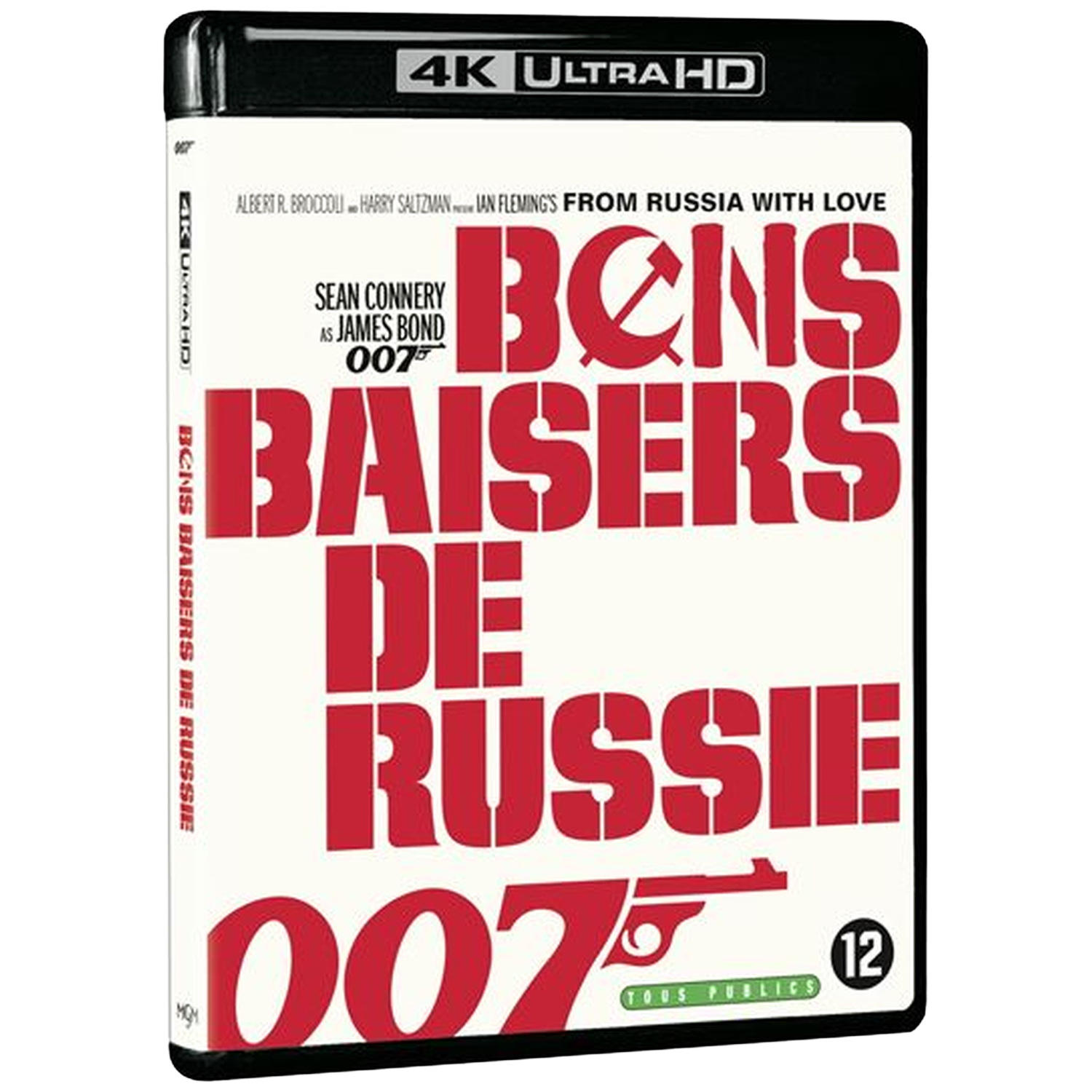 DVD-hoes van 'From Russia with Love'. Rode tekst op witte achtergrond. Bevat '007' en 'Sean Connery'. Beoordeeld 12.