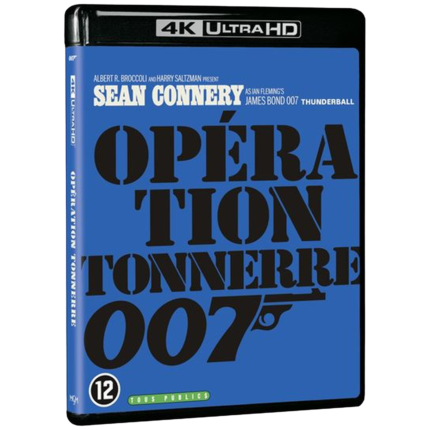 Couverture Blu-ray pour 'Opération Tonnerre' avec Sean Connery en James Bond. Fond bleu avec texte noir et un pistolet.