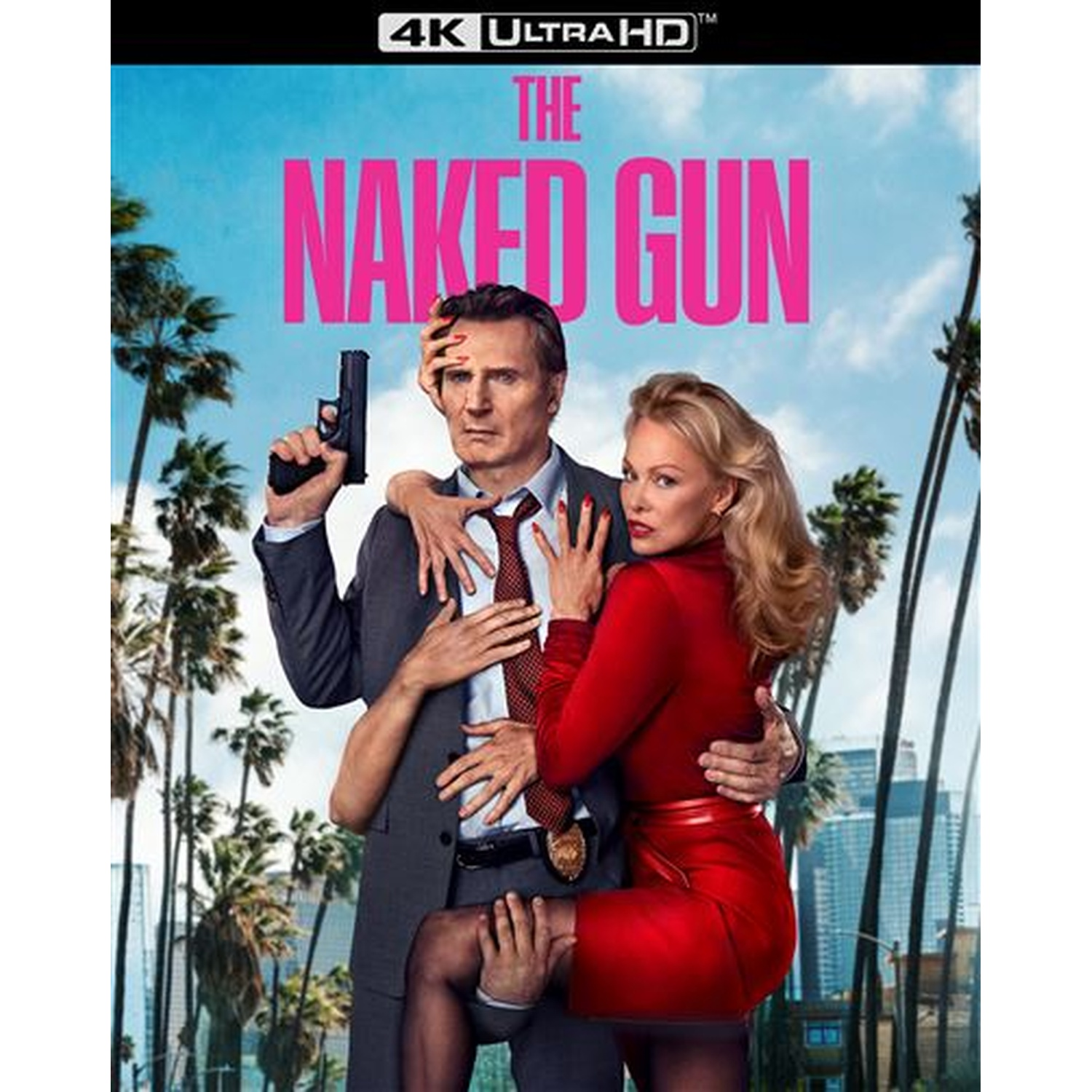 The Naked Gun movie poster. Man in suit holds gun, woman in red dress. Palm trees and blue sky background.