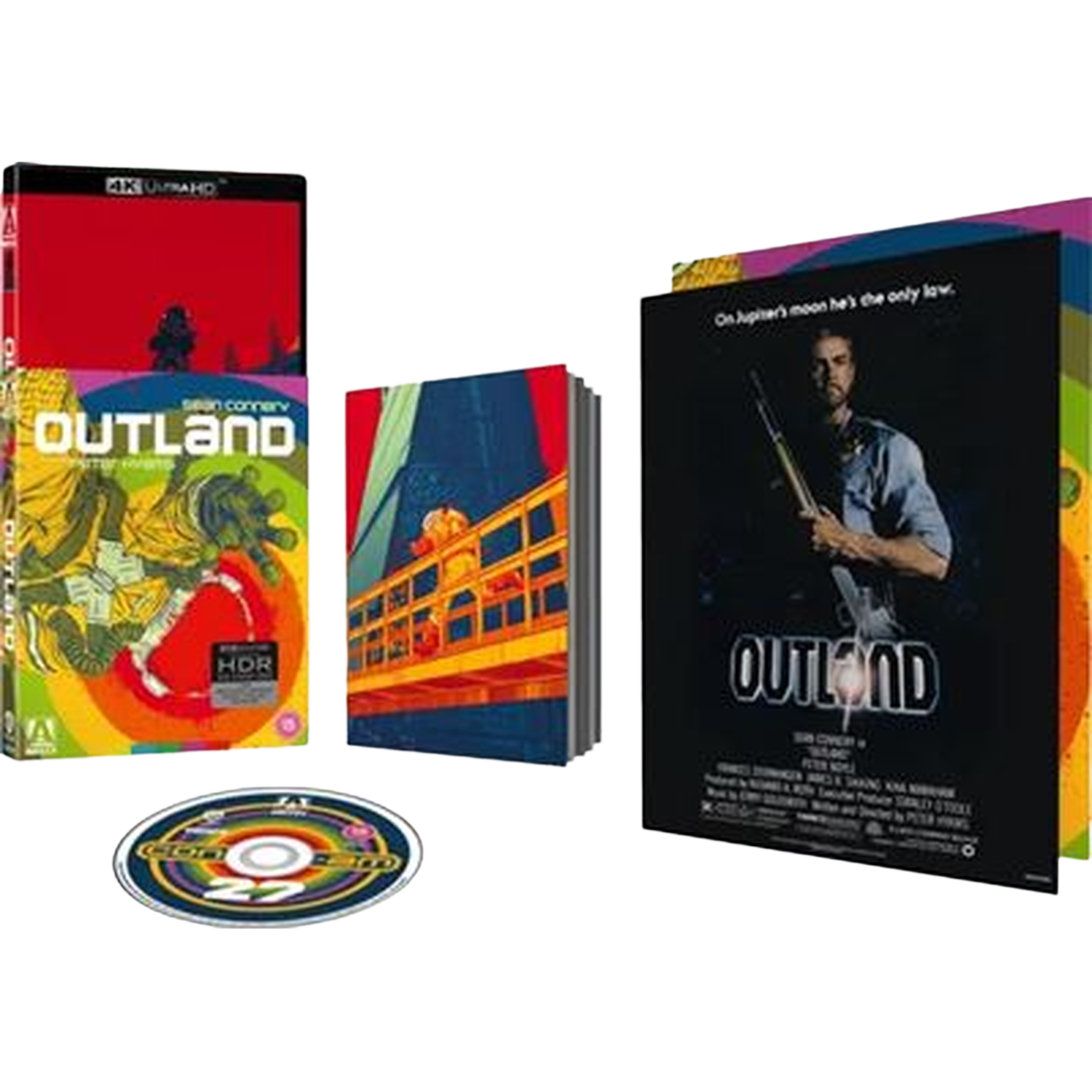 Coffret du film Outland. Comprend un boîtier Blu-ray, un livre et un disque. Présente un homme avec une arme sur la couverture. Couleurs : rouge, jaune et bleu.