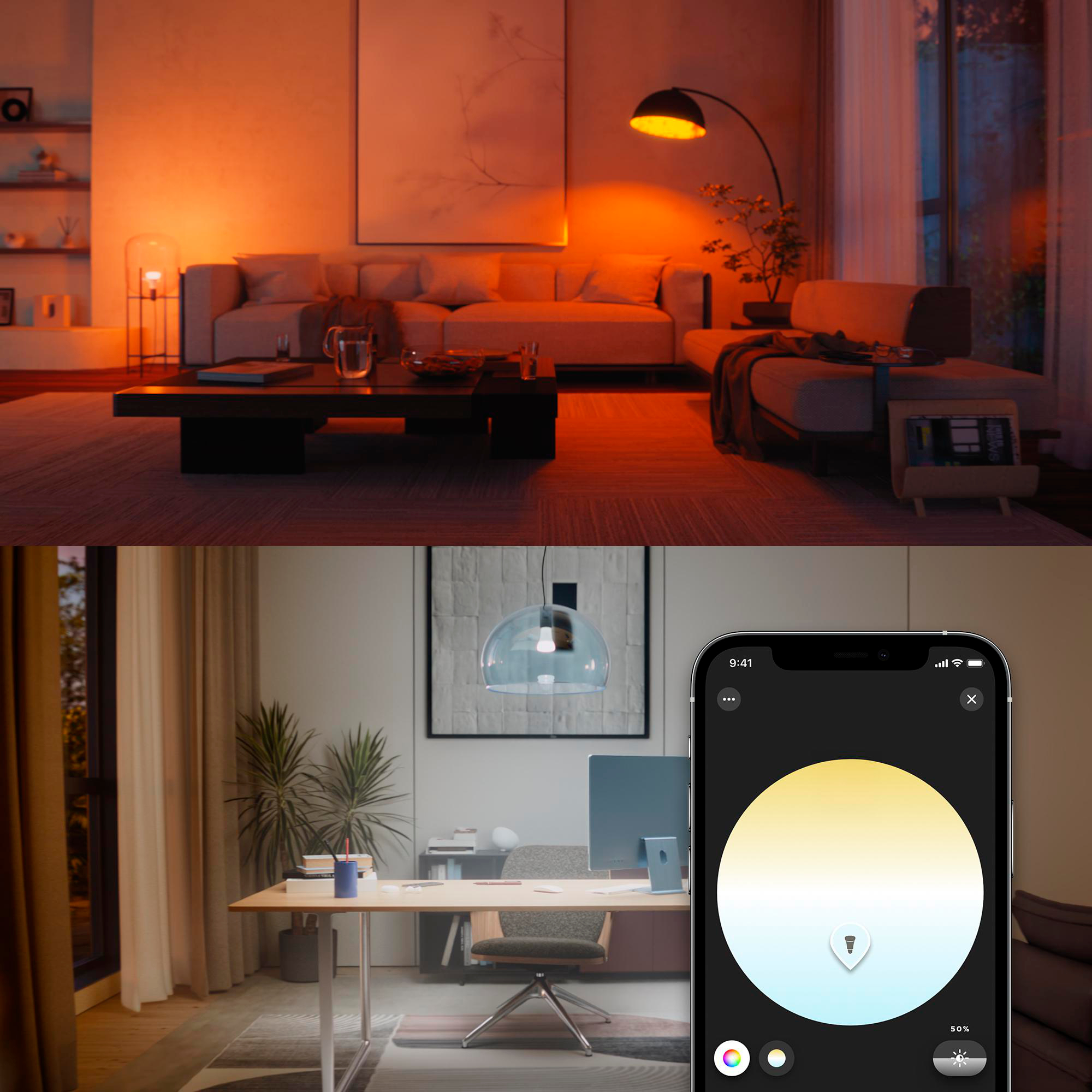 Wohnzimmer mit Sofa und Lampe. Büro mit Schreibtisch und Telefon mit Farbsteuerung. Warme Beleuchtung und modernes Design.