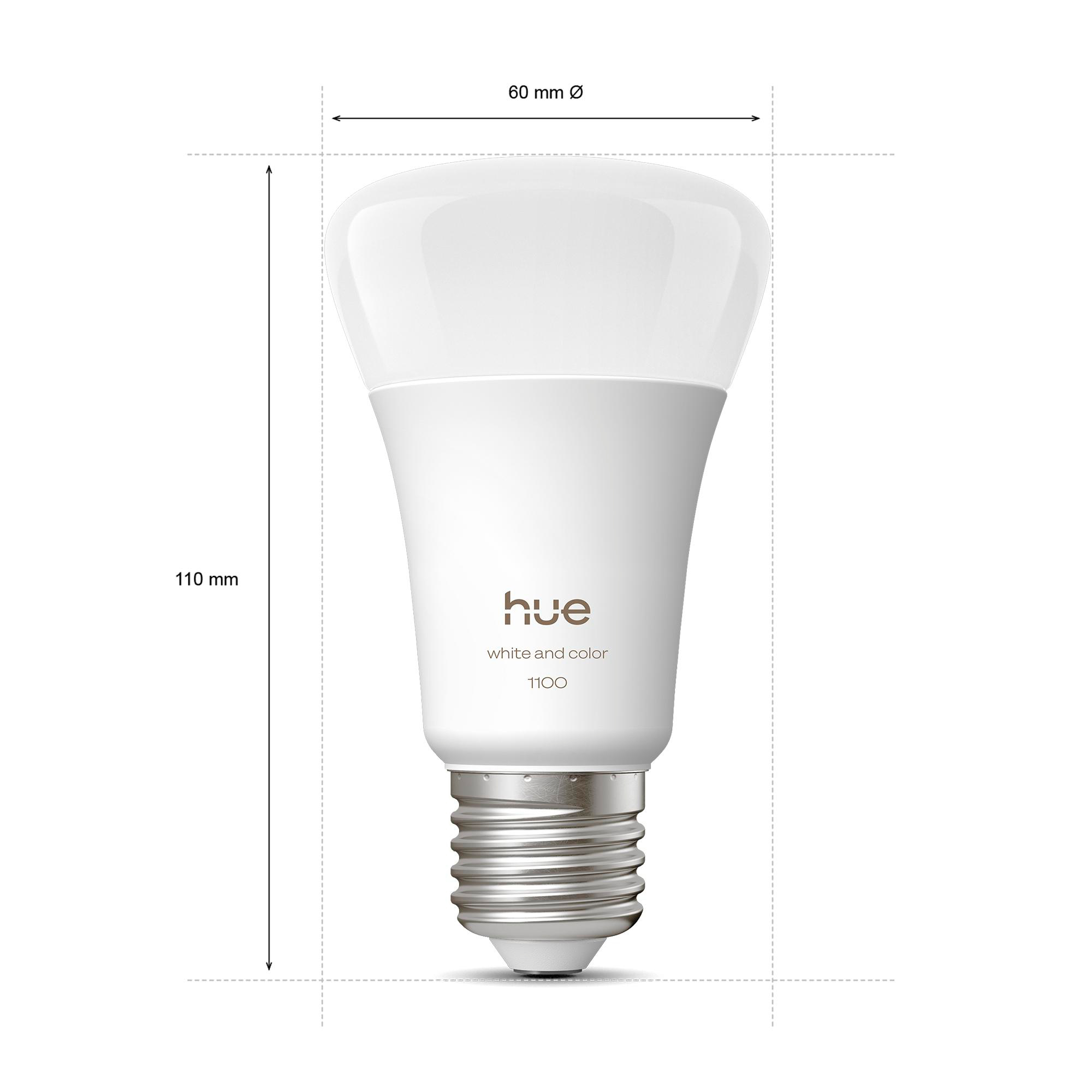 Eine weiße Philips Hue Smart-Glühbirne. Abmessungen: 110 mm Höhe, 60 mm Durchmesser. Der Markenname ist sichtbar.