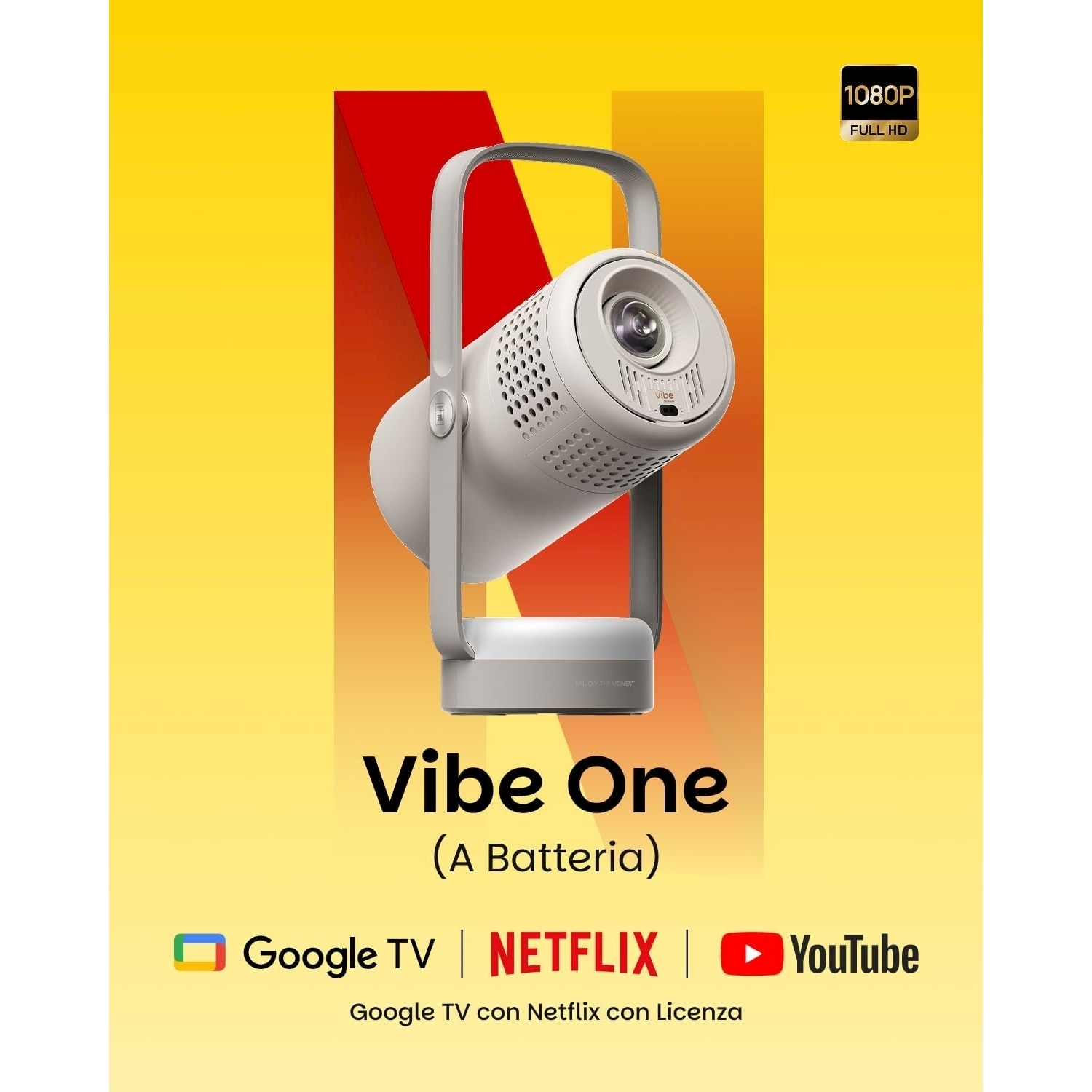 Un proiettore bianco con maniglia su sfondo giallo, con testo e loghi per Google TV, Netflix e YouTube.