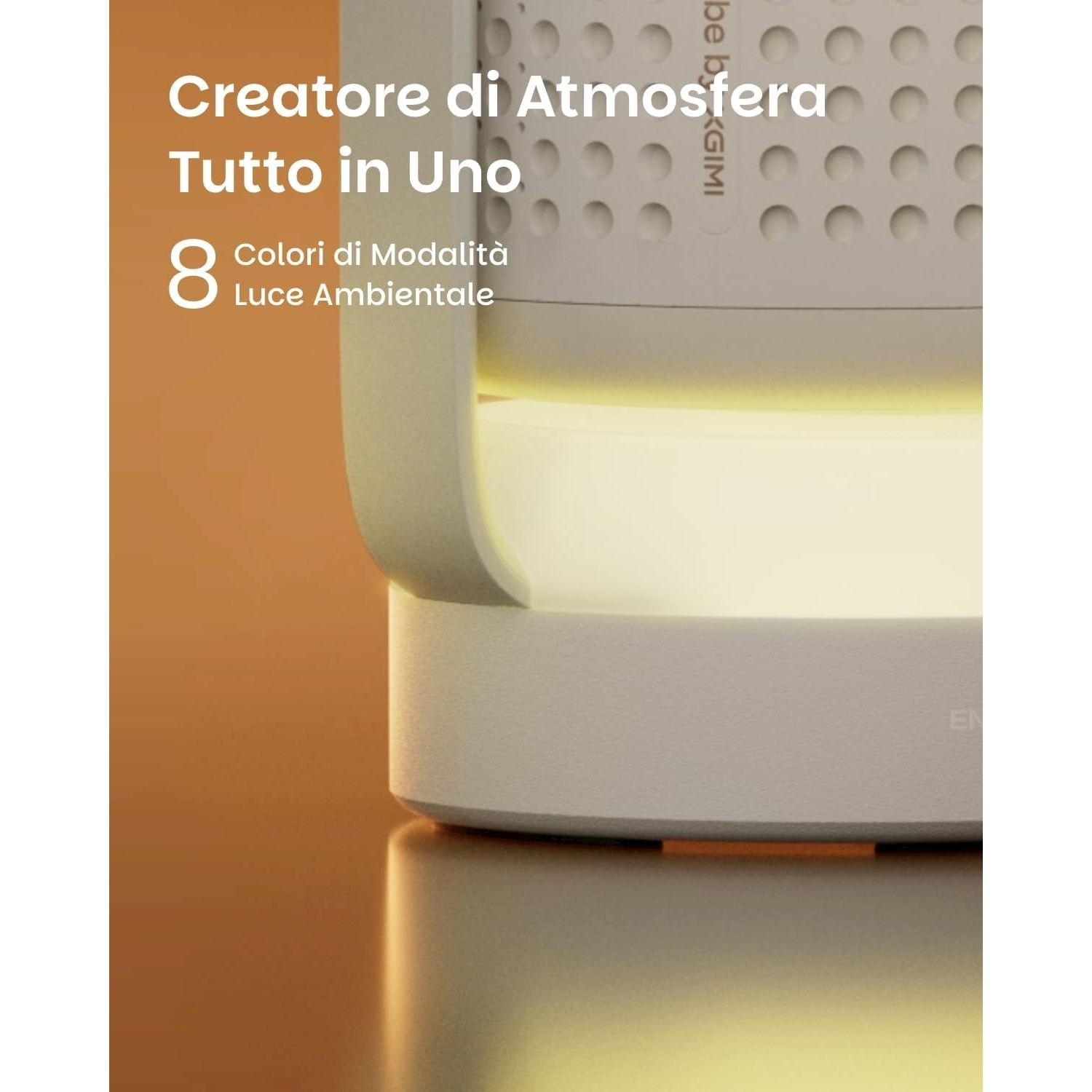 Un dispositivo bianco e cilindrico con luce gialla. Testo: 'Creator di Atmosfera Tutto in Uno' e '8 Colori di Modalità Luce Ambientale'.