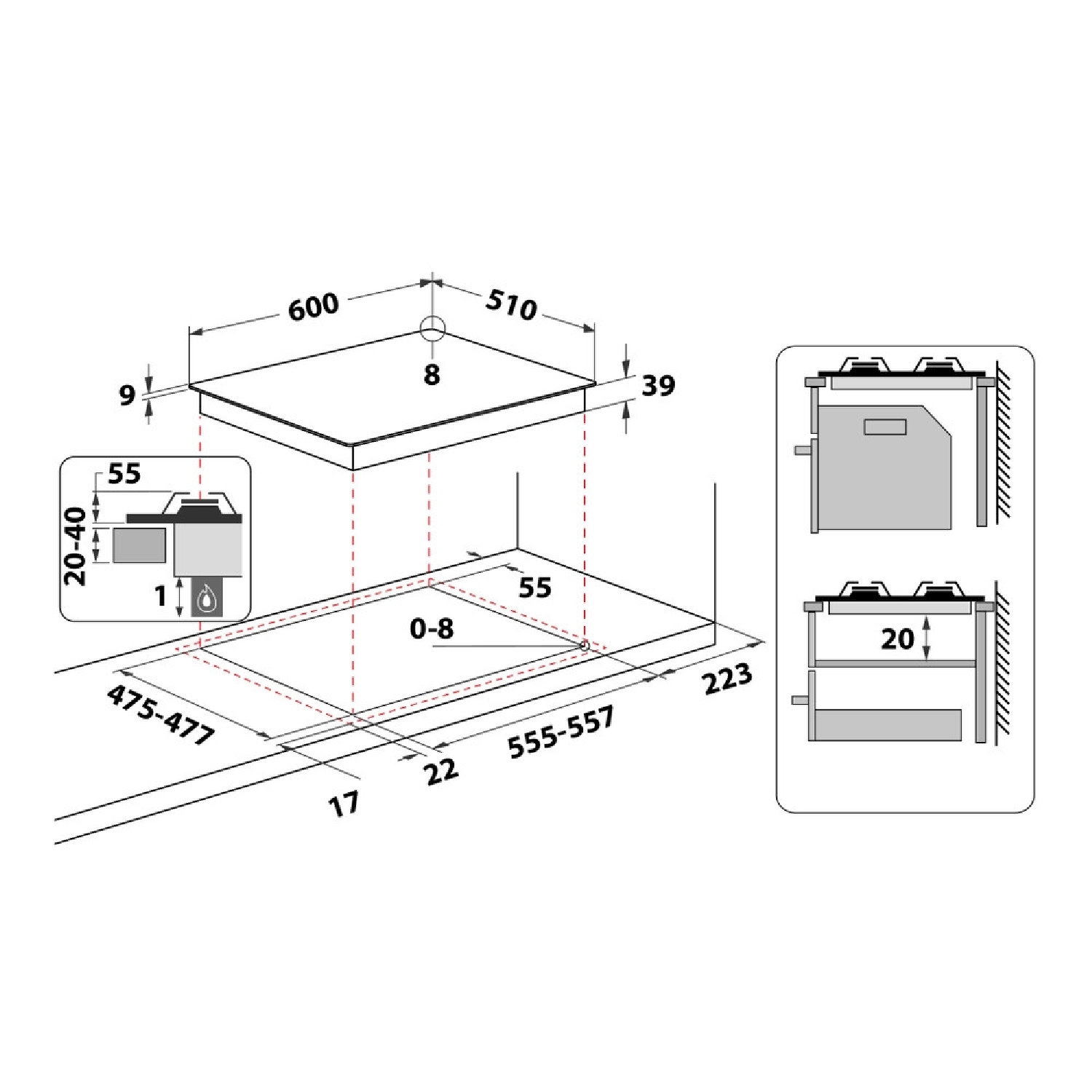 Schema di un piano cottura con dimensioni. Include vista dall'alto e laterale con misure come 600, 510, 55 e 20-40.
