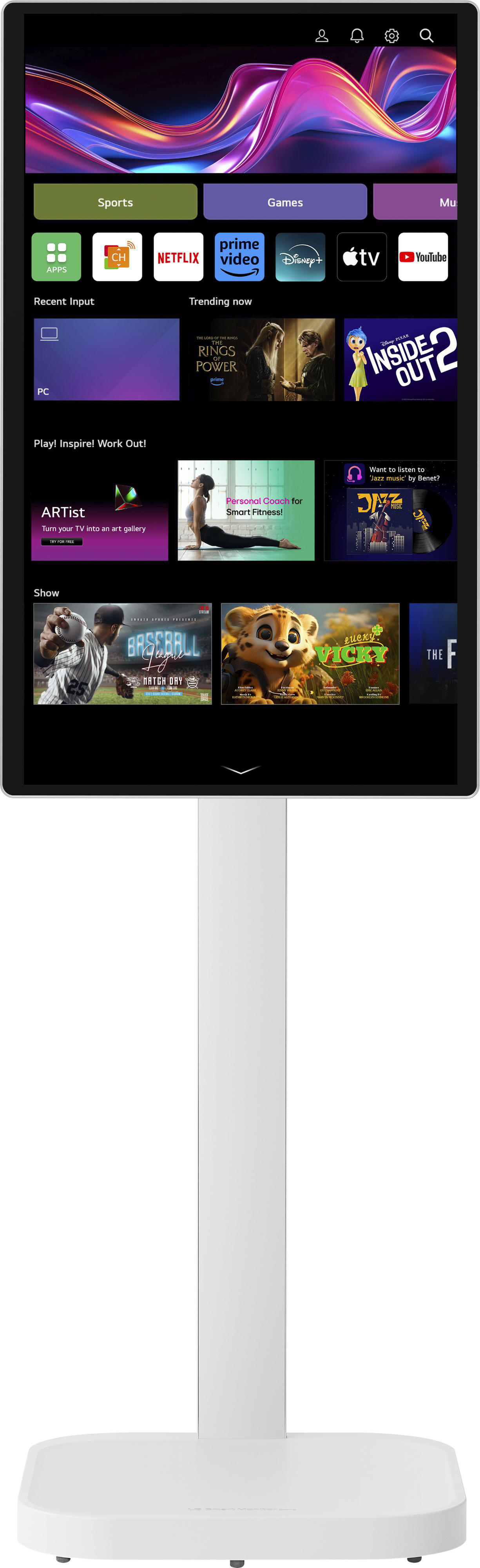 TV-Bildschirm mit Sport, Spielen und Streaming-Apps. Ein weißer Ständer trägt den Bildschirm.