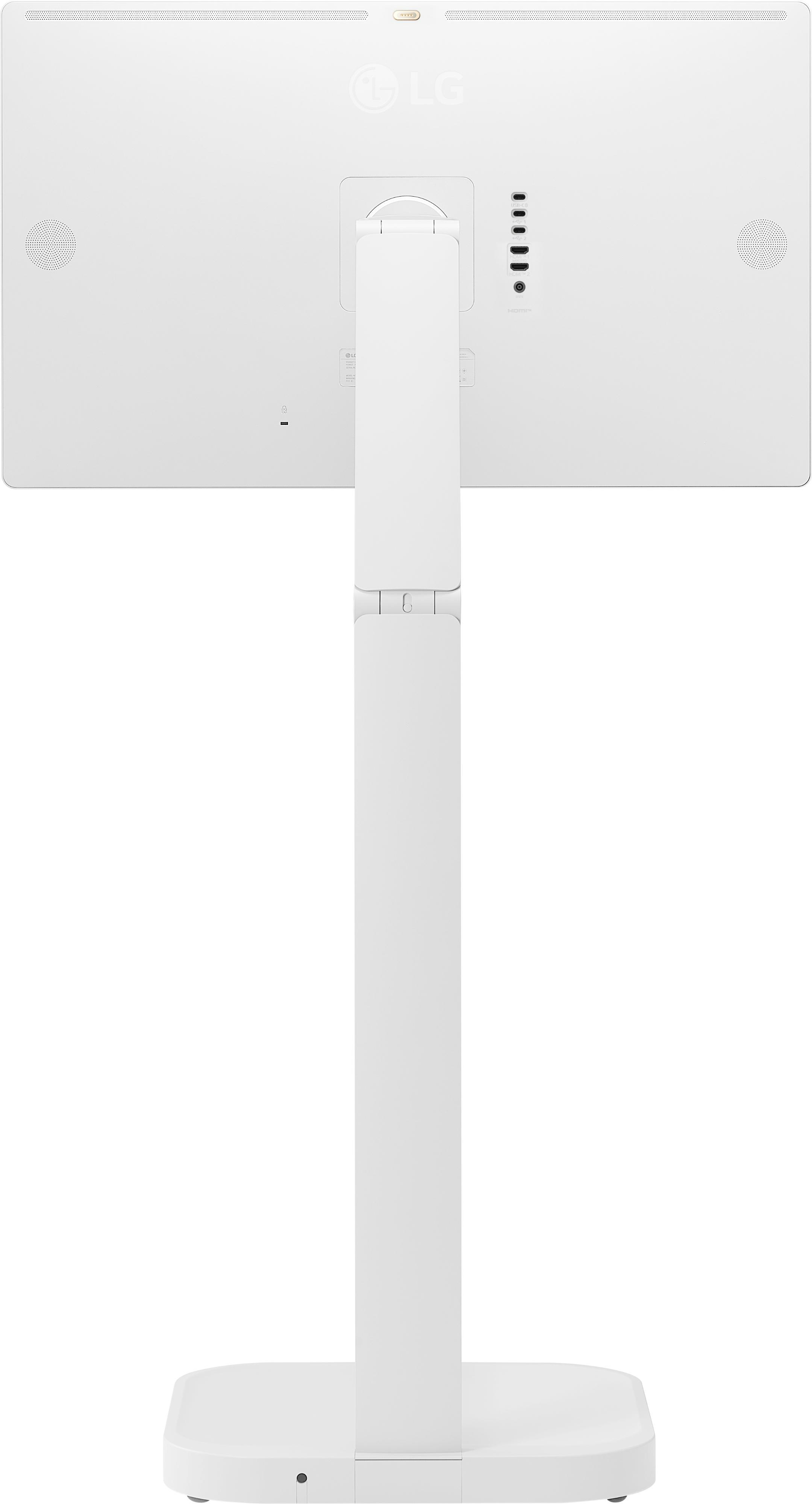 Ein weißer LG-Monitor mit Ständer. Die Rückseite des Monitors ist sichtbar und zeigt Anschlüsse und das LG-Logo. Der Ständer ist ebenfalls weiß.