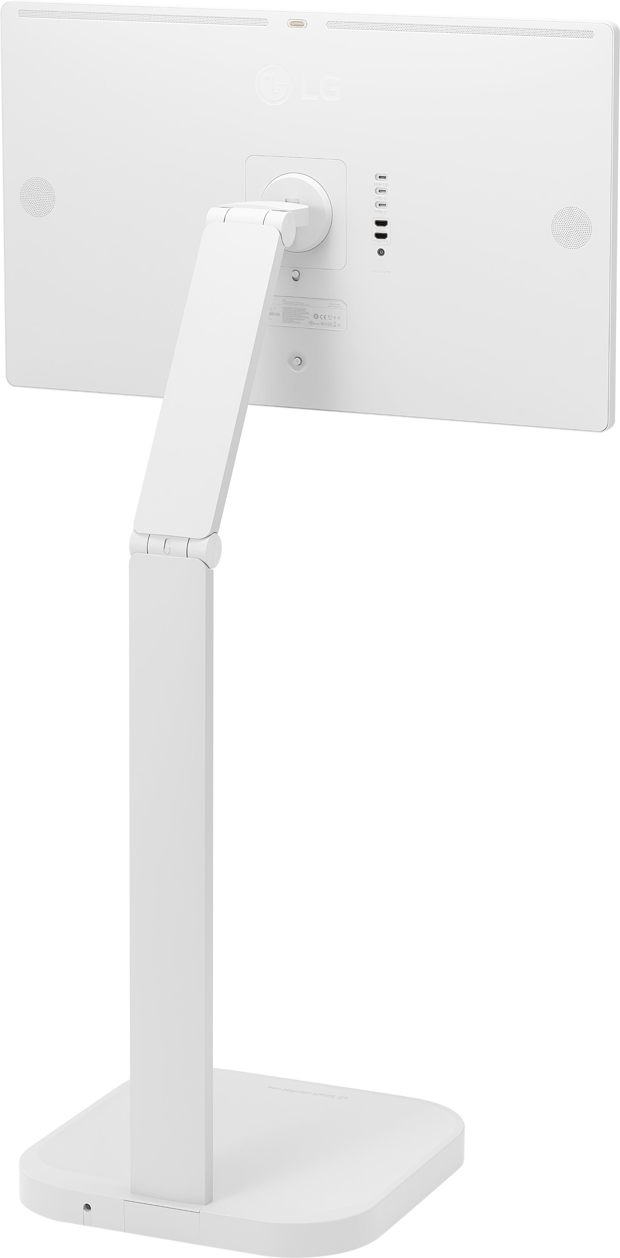 Ein weißer LG-Monitor mit Ständer wird von hinten gezeigt. Der Ständer ist ebenfalls weiß und hat mehrere Gelenke zur Einstellung.