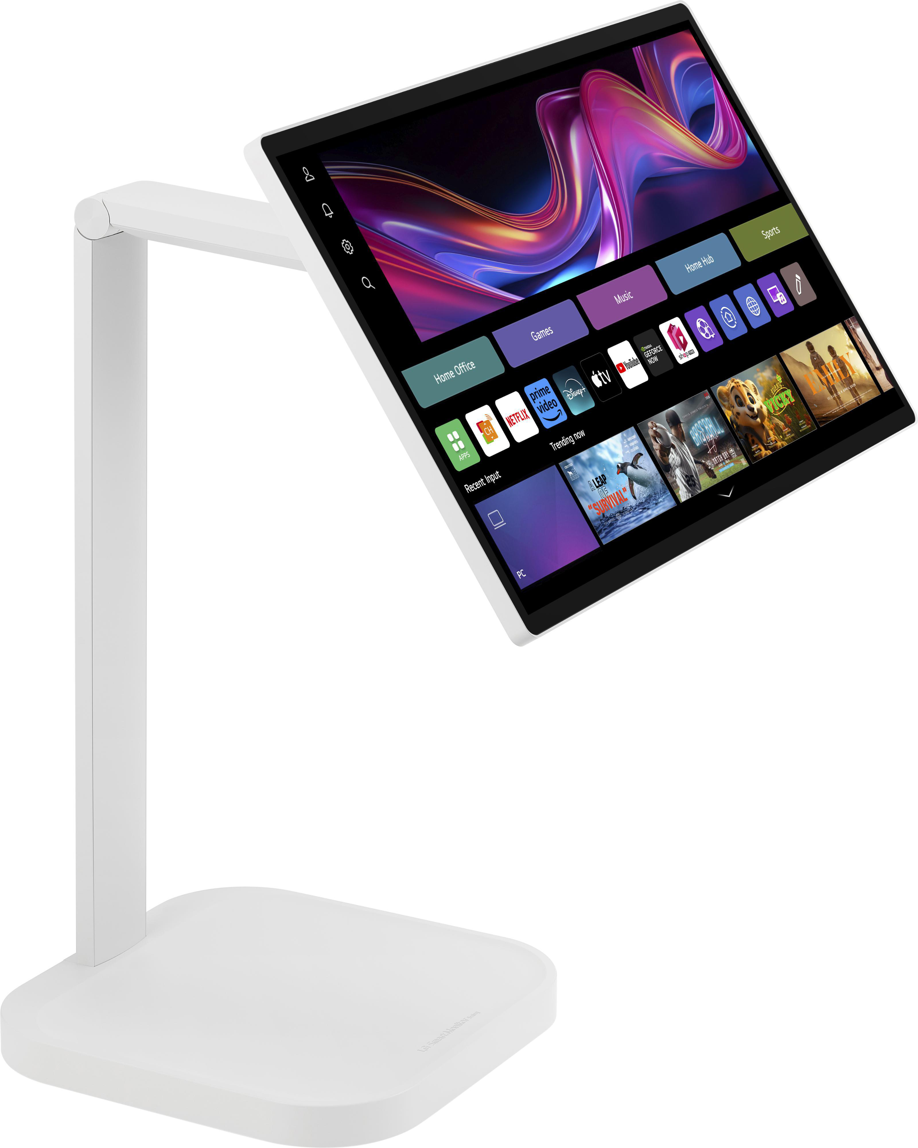 Ein weißes Tablet auf einem Ständer zeigt eine farbenfrohe Oberfläche mit Apps und Streaming-Diensten. Der Ständer ist auch weiß.