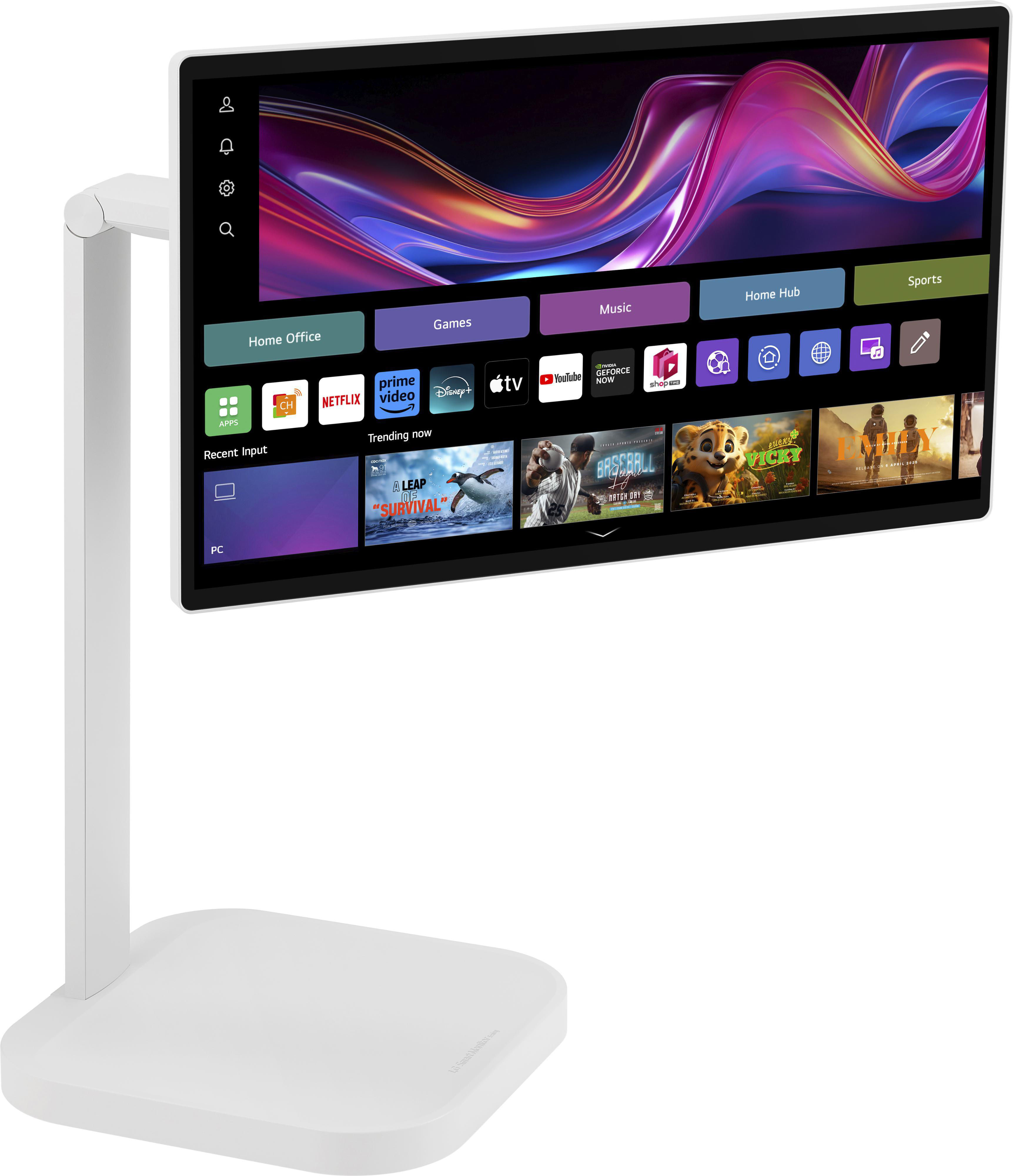 Ein weißer TV-Ständer hält einen Monitor, der Apps und Streaming-Inhalte anzeigt. Der Bildschirm zeigt ein farbenfrohes abstraktes Bild.