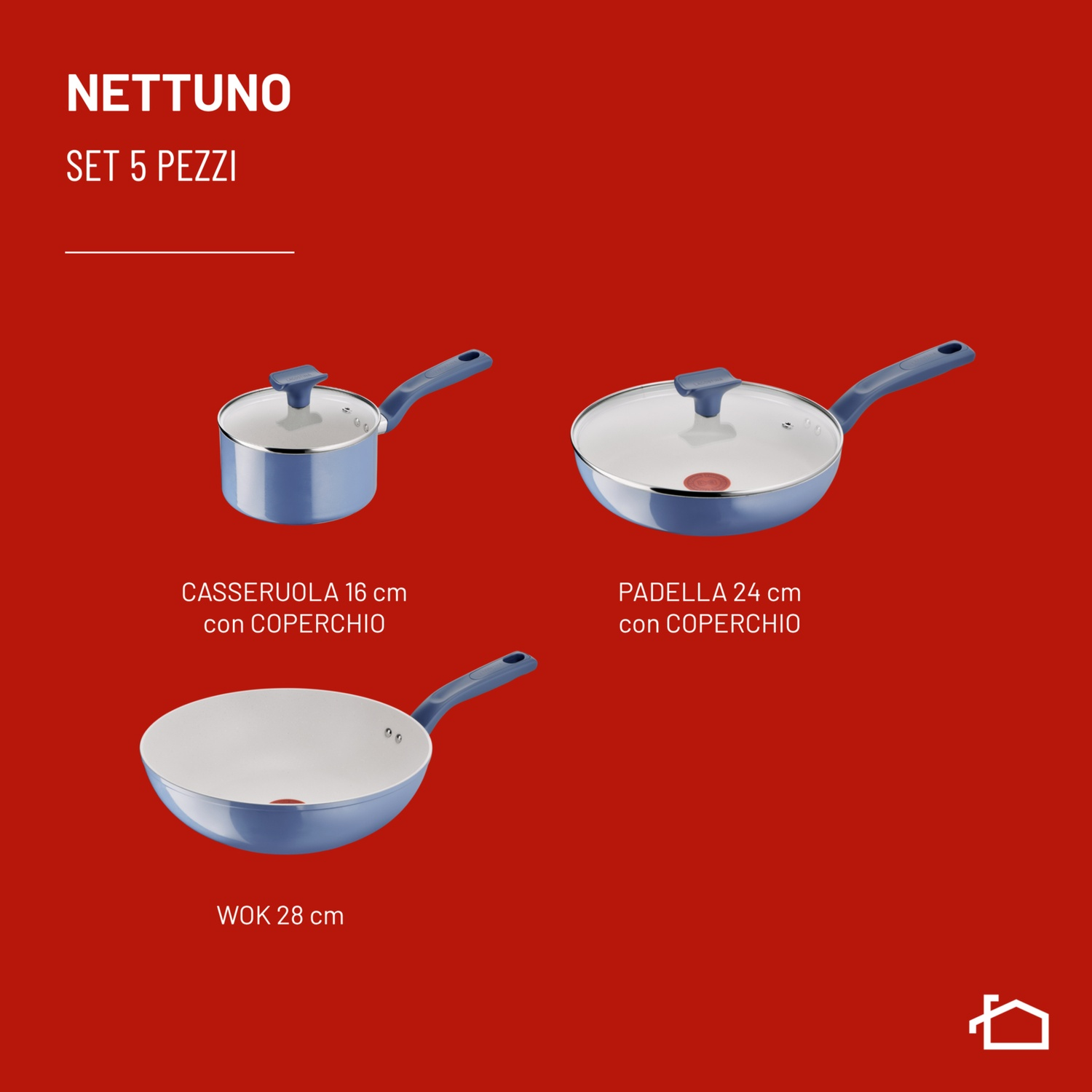 Set di 3 pentole blu con coperchi e manici su sfondo rosso. Include una casseruola, una padella e un wok.
