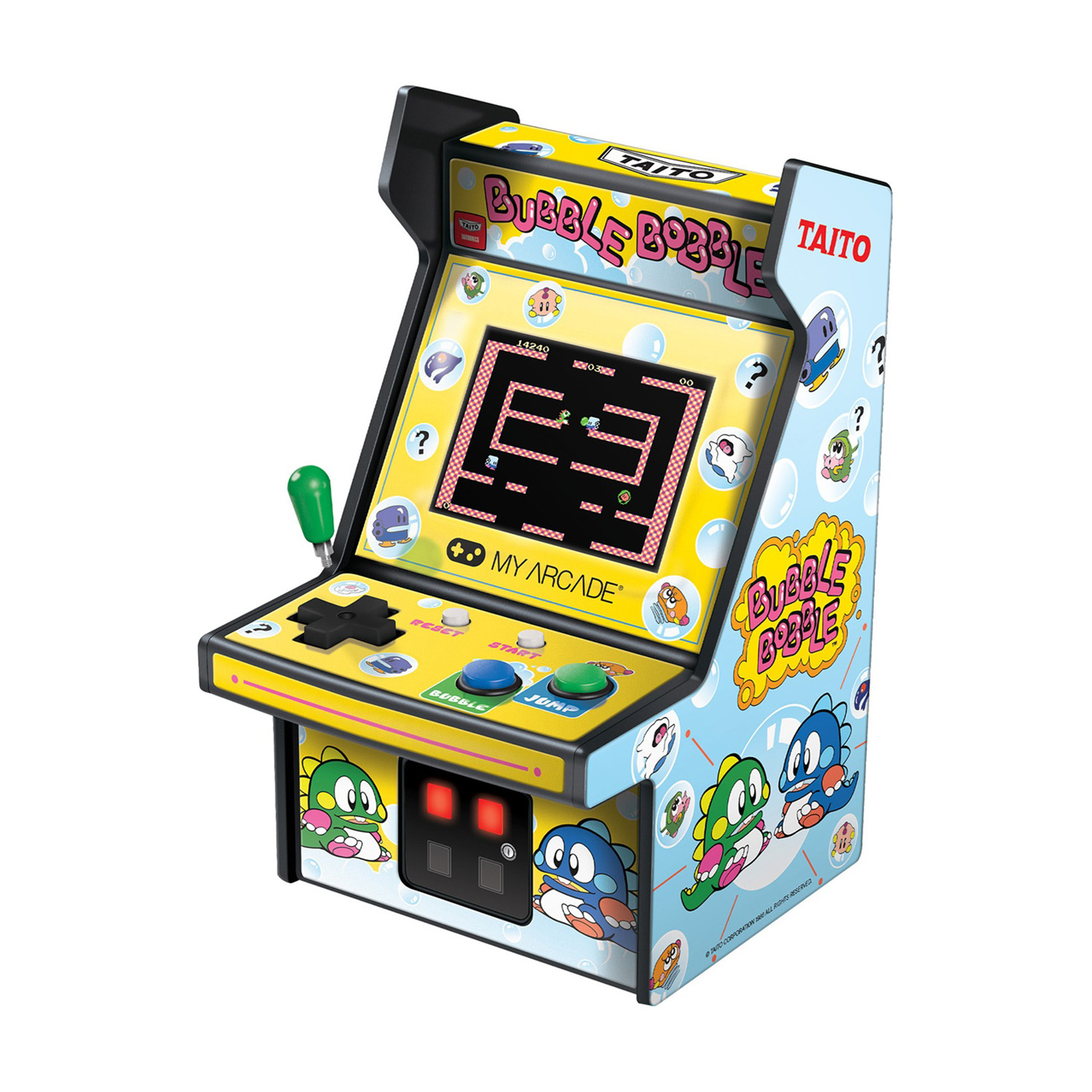 Una macchina arcade Bubble Bobble in miniatura. Presenta il logo del gioco, i personaggi e uno schermo con il gameplay.
