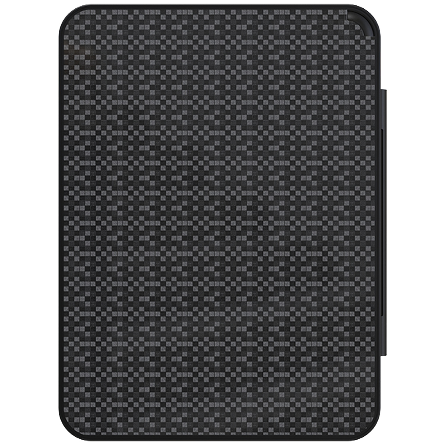 A rectangular case with a checkered pattern. The case is black and has rounded corners. A black hinge is on the right side.