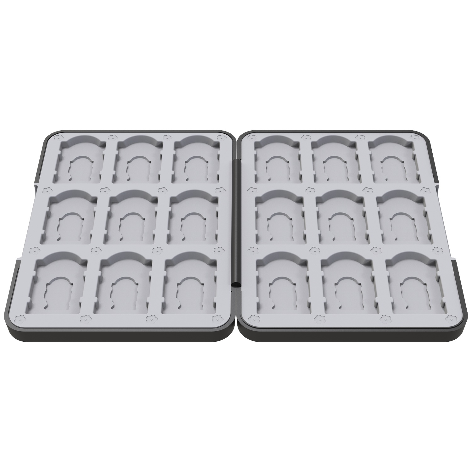 Open, gray plastic case with 32 card slots. Black frame surrounds the gray interior. The case is open, showing both halves.