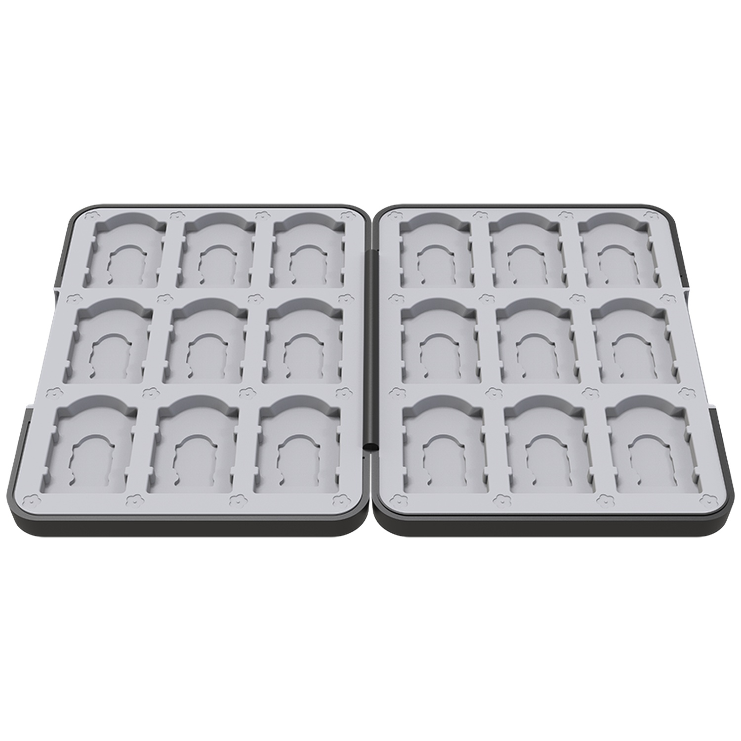 Open gray storage case with two hinged sections. Each section has 12 curved compartments. Black outline and white background.