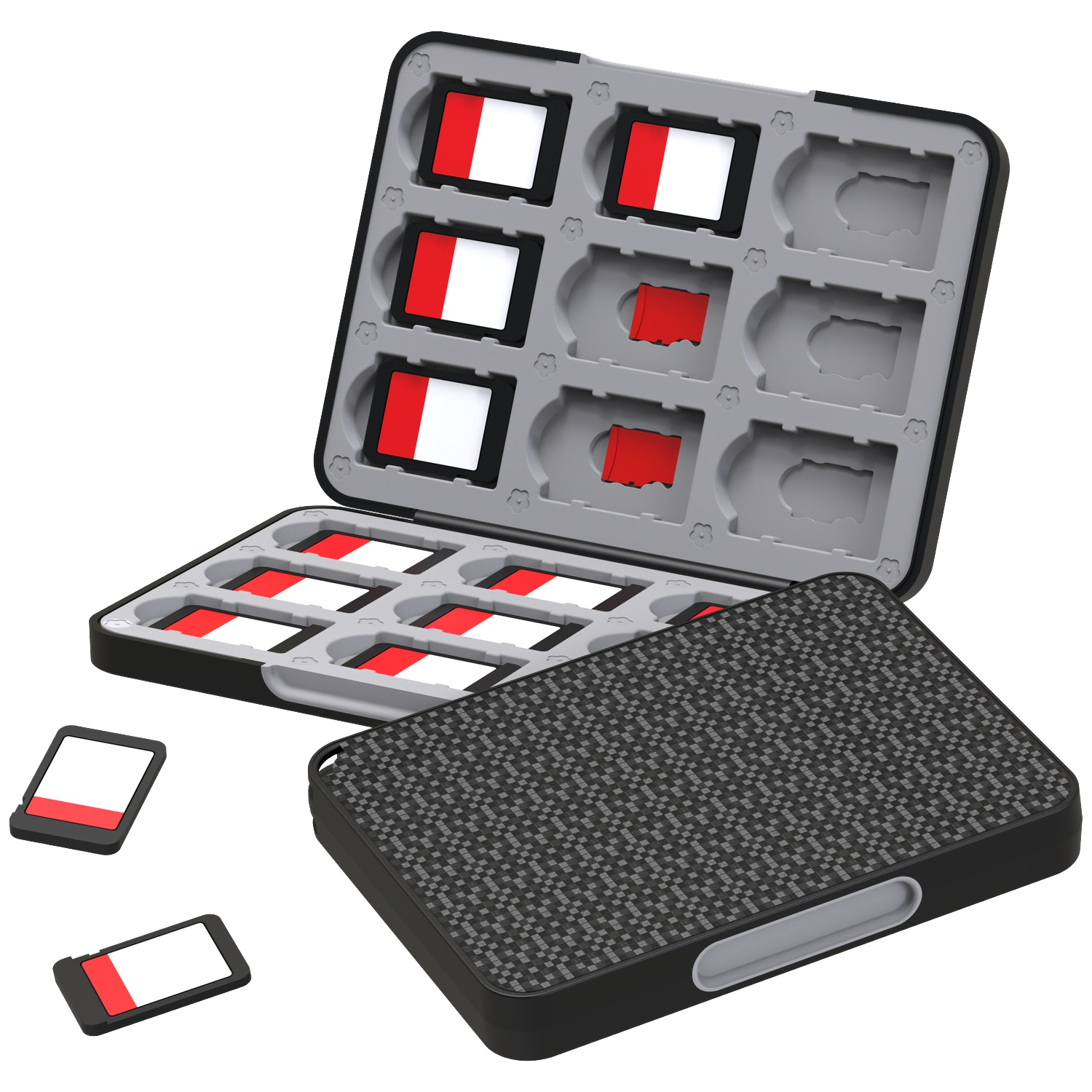 Open SD card case with multiple SD cards inside. The case is black and gray. Some SD cards are outside the case.