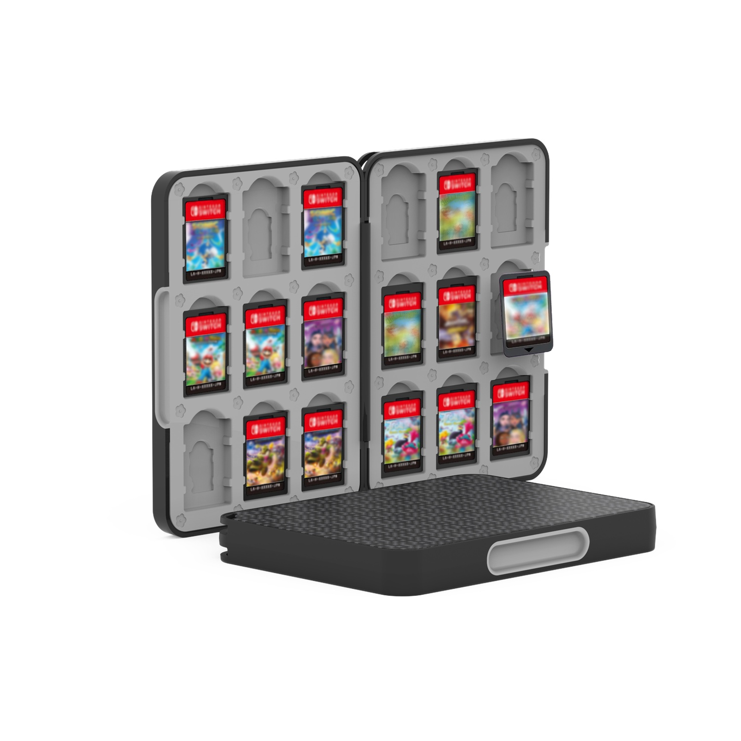 Open black case with grey interior, holding Nintendo Switch game cartridges. Case is on a flat surface, open to display games.