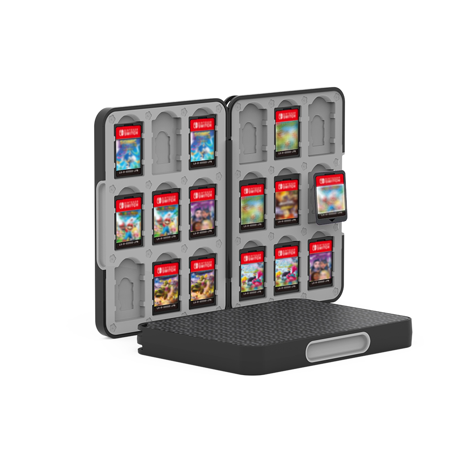 Open black case holding Switch game cartridges. Case has grey interior. Bottom has a textured surface with a handle cutout.