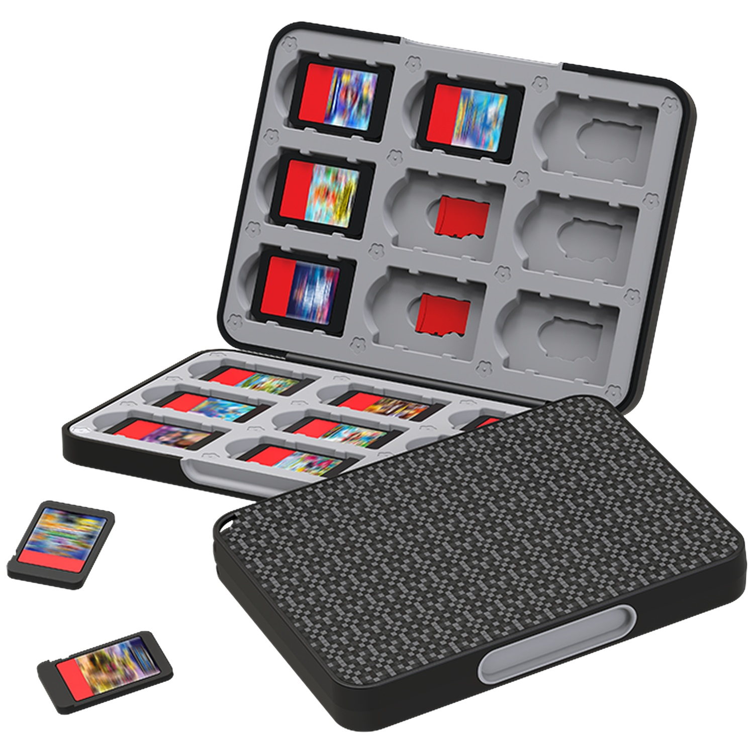 Open black case with gray interior holding game cartridges. Two loose cartridges are next to the case. The case lid is open.