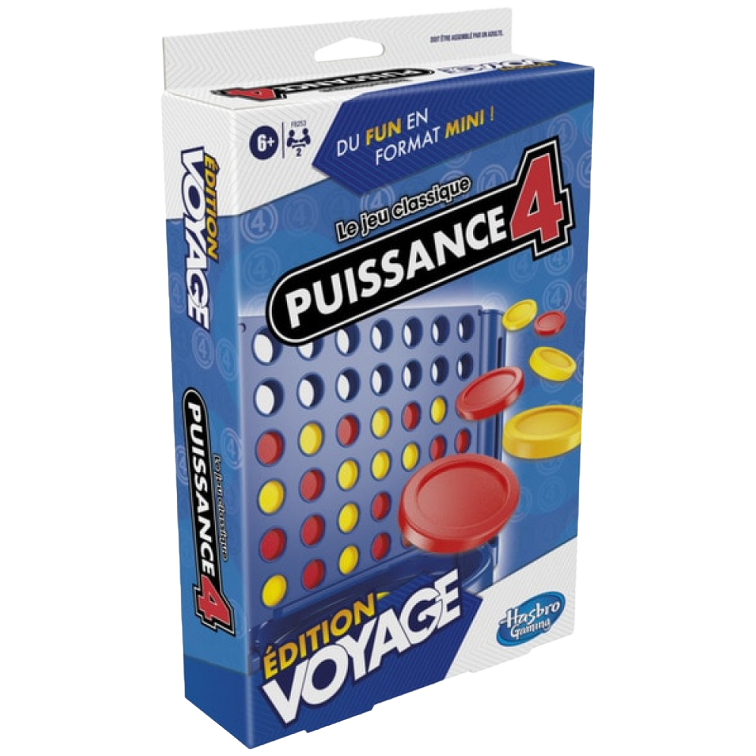 Une boîte du jeu Connect 4. La boîte est bleue et blanche avec des pièces rouges et jaunes. Les mots "Voyage" et "Puissance 4" sont visibles.