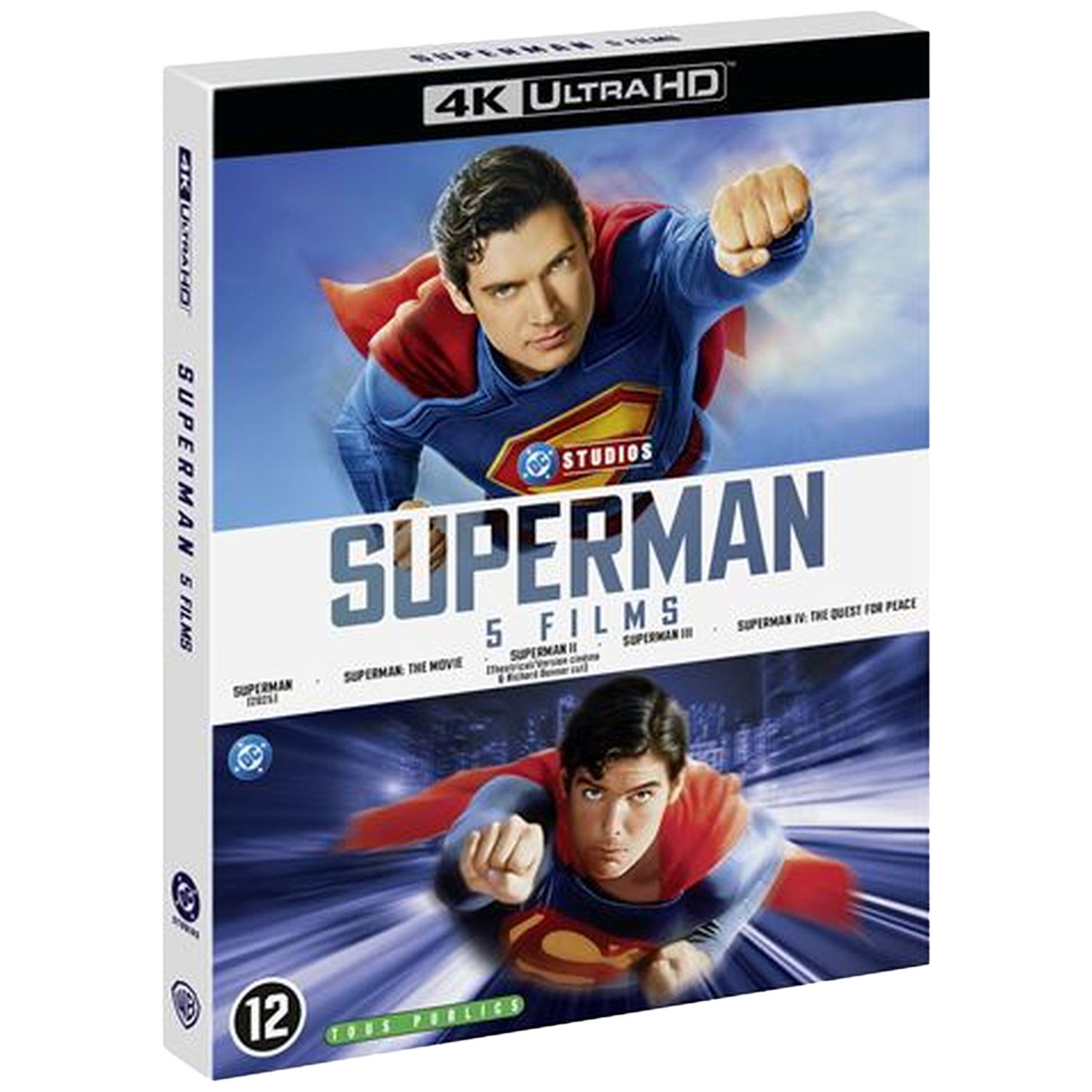 Coffret DVD de films Superman. Superman en costume bleu et cape rouge. Texte '5 Films' et '4K Ultra HD'.