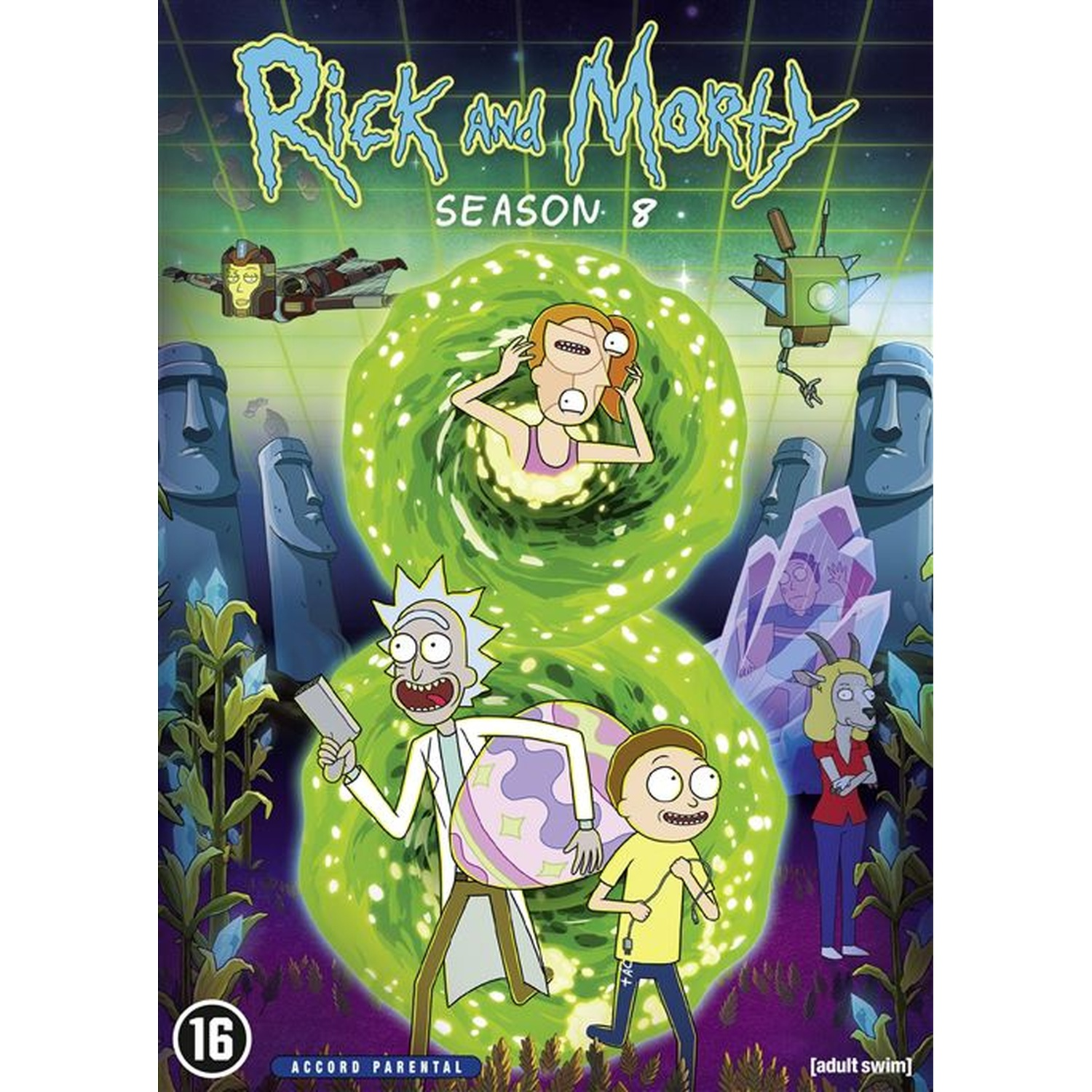 Rick and Morty Season 8 DVD cover. Rick, Morty, and other characters are in front of a green portal. The background has statues.