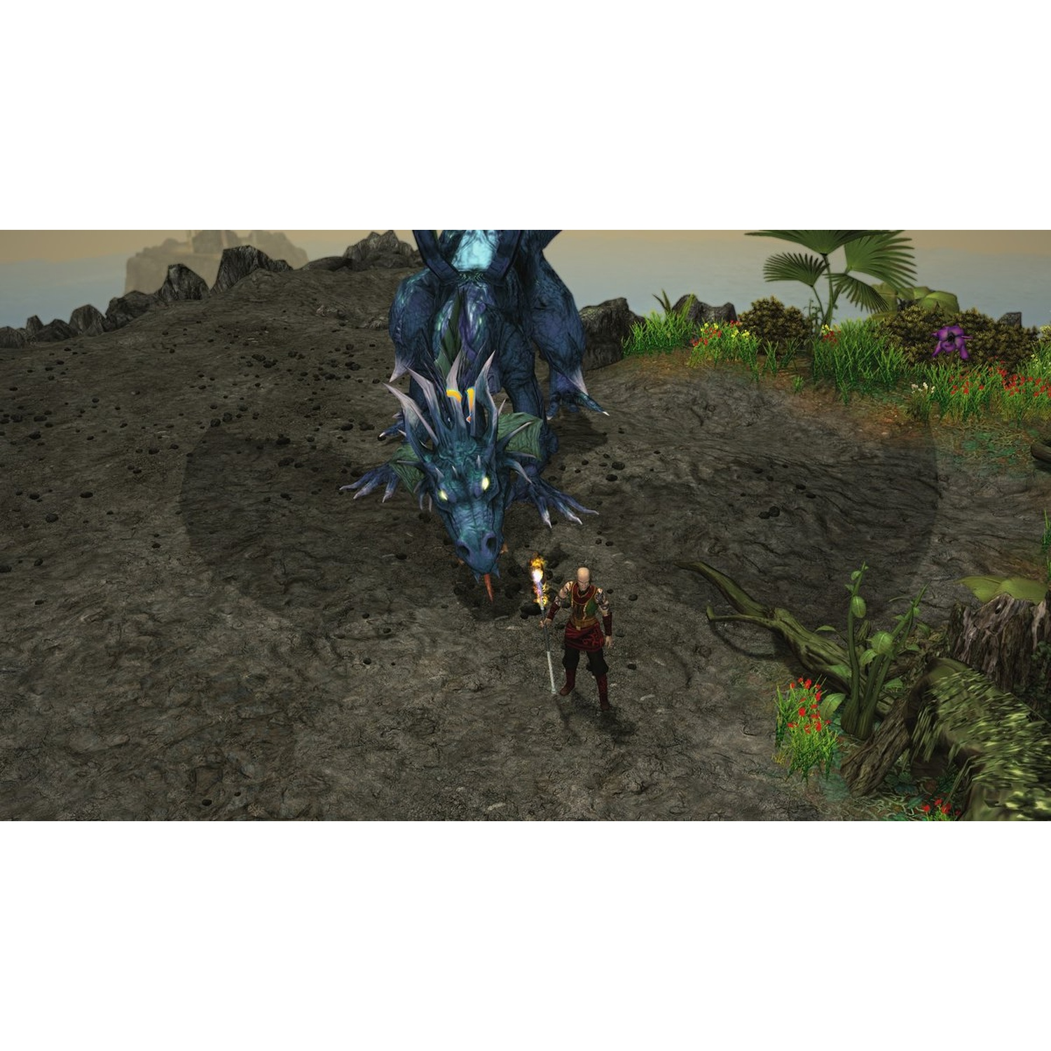 A warrior faces a blue dragon on a rocky terrain. Plants and flowers are to the right. The sky is hazy.