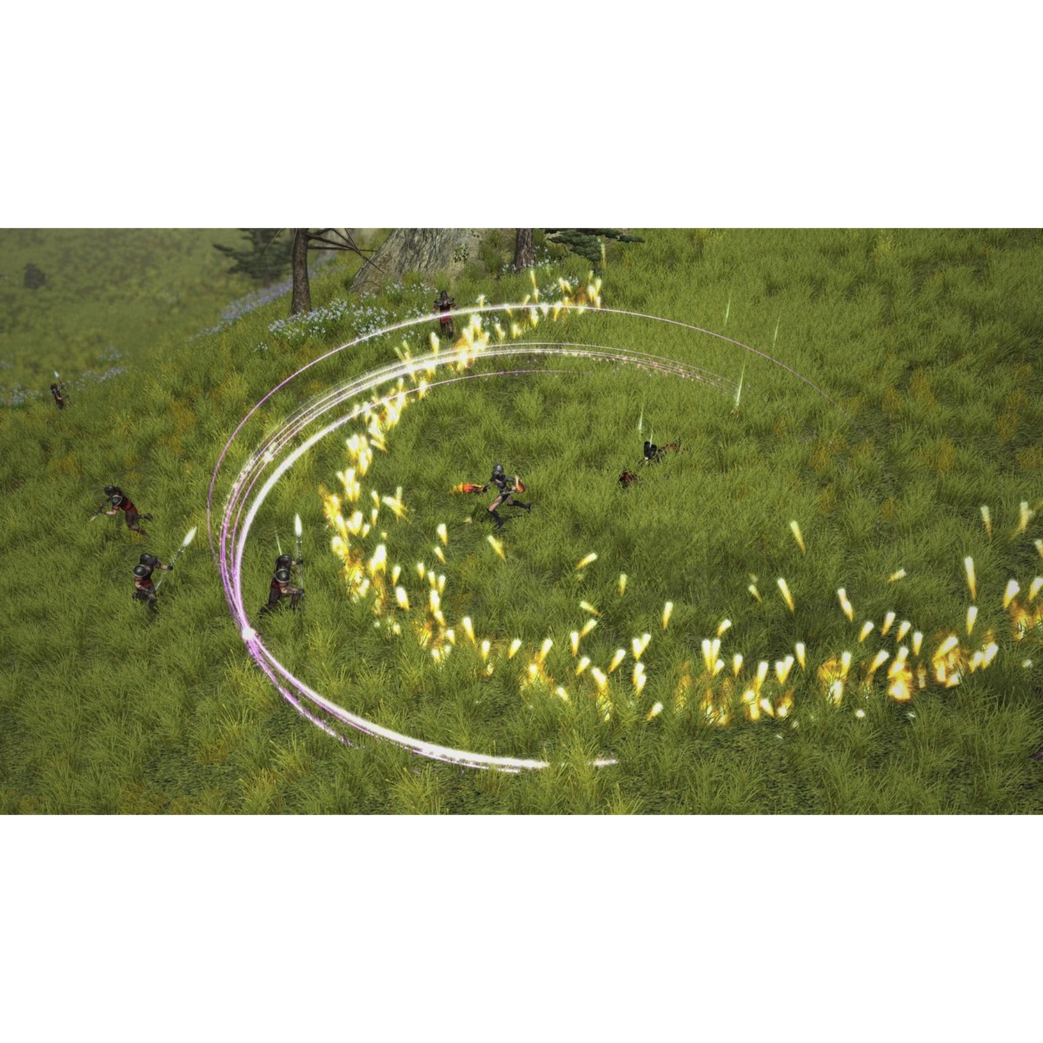 A game scene with soldiers fighting. Energy arcs and explosions are visible on a grassy field. Trees are in the background.