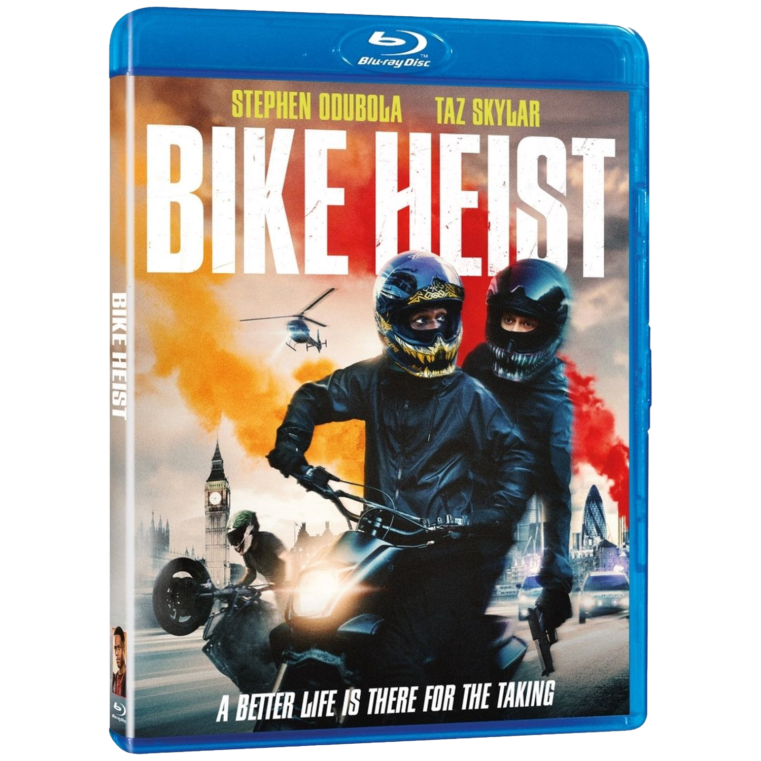 Couverture Blu-ray de 'Bike Heist'. Deux personnages en casques à moto. Hélicoptère, Big Ben et voitures de police en arrière-plan.