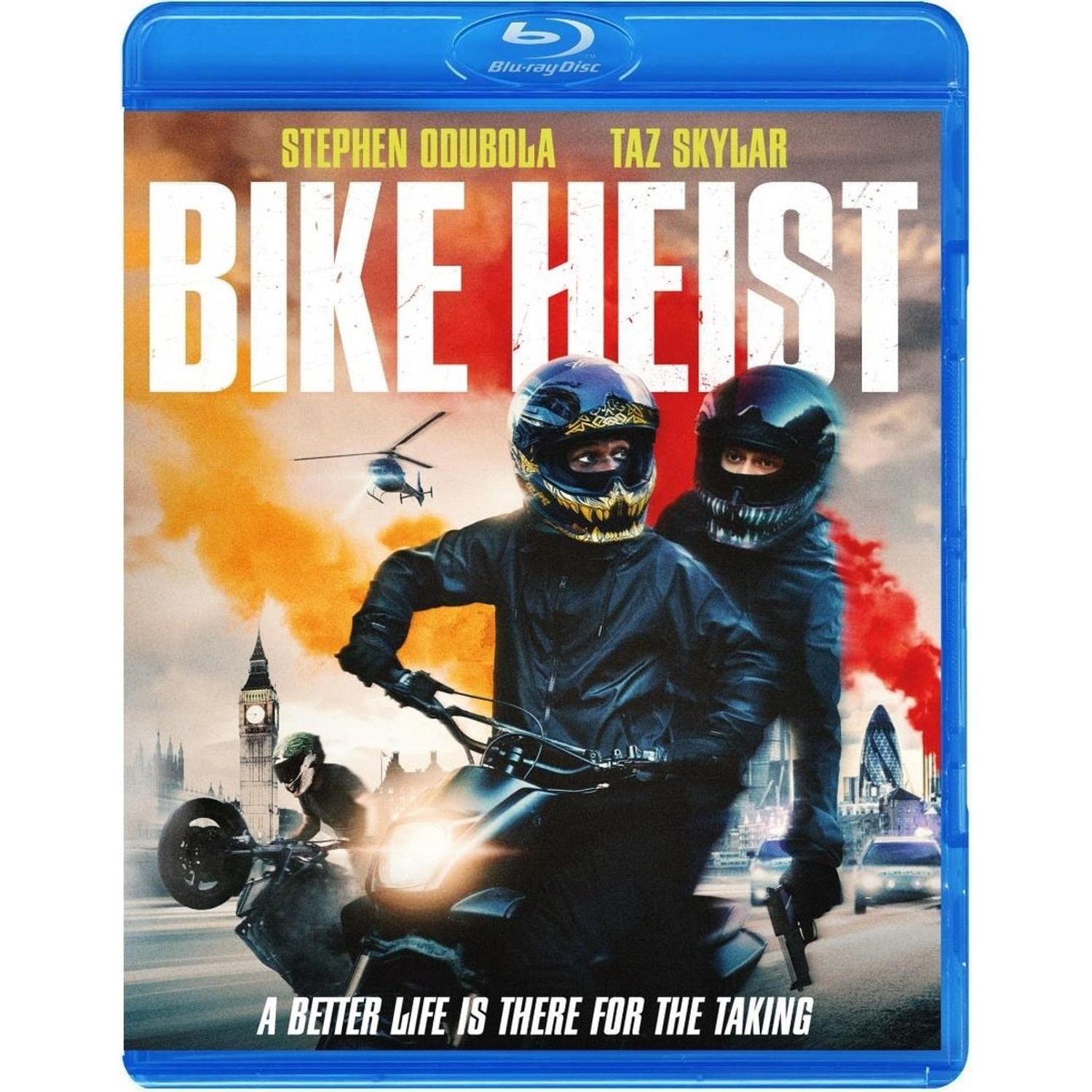Couverture Blu-ray : Deux motards en casque, Big Ben en arrière-plan. Titre : Bike Heist. Hélicoptère et fumée en arrière-plan.