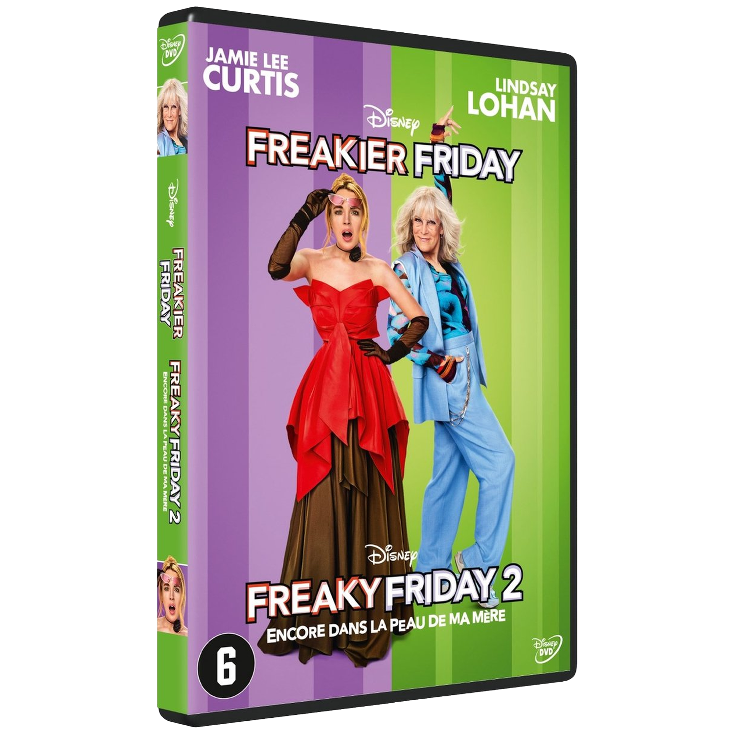 Couverture du DVD de Freaky Friday 2. Jamie Lee Curtis et Lindsay Lohan sont présentées, avec un fond violet et vert.