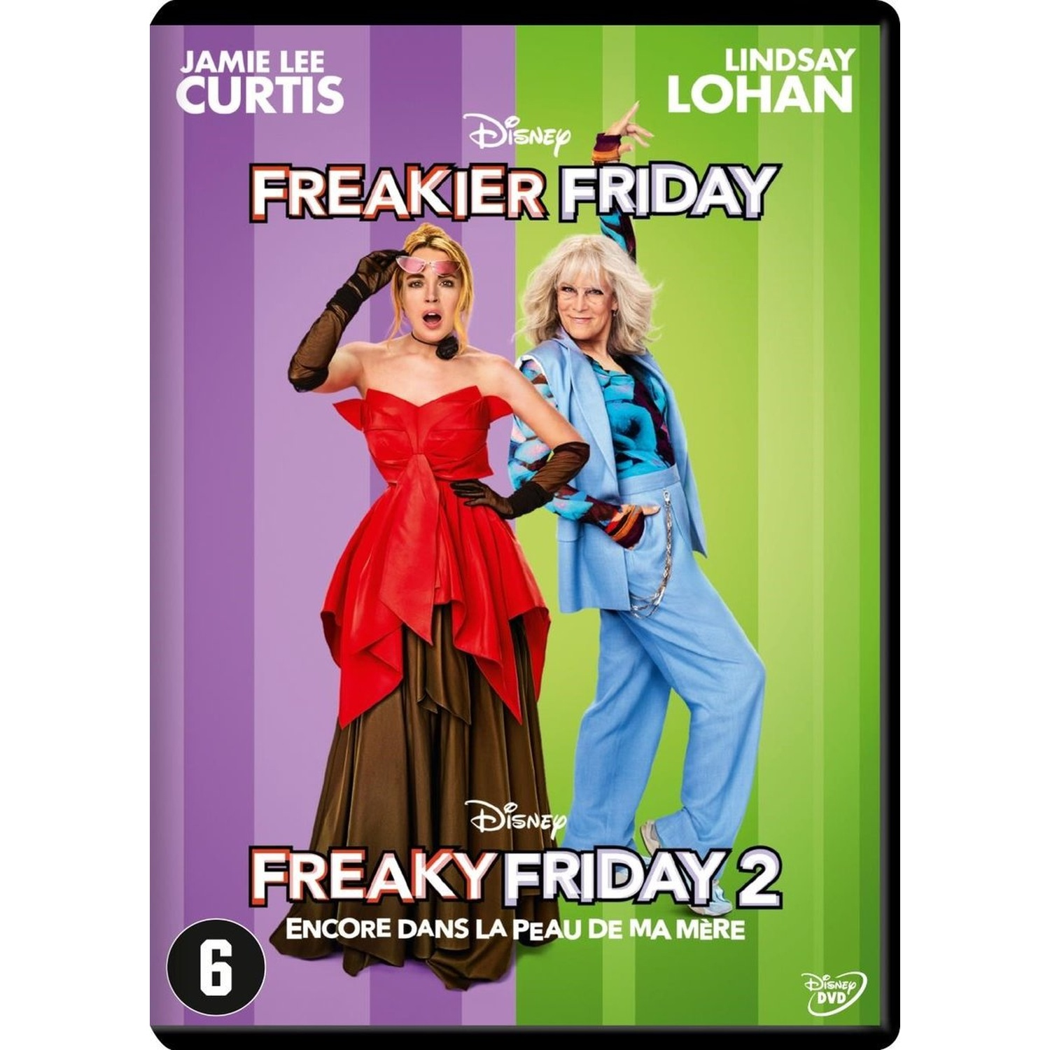 Couverture DVD de Freaky Friday 2. Elle montre Jamie Lee Curtis et Lindsay Lohan. Le fond est une bande verticale de violet et vert.