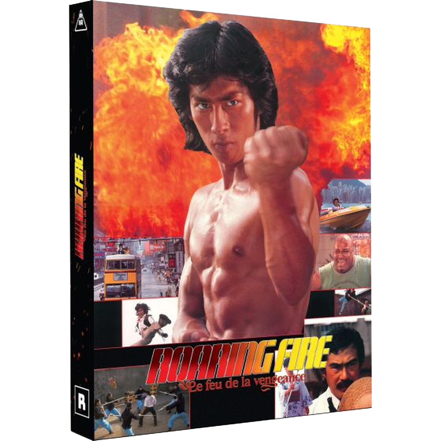 DVD-hoes. Een man met een vuist omhoog, vuur op de achtergrond. Andere kleinere afbeeldingen tonen actiescènes. Titel: Burning Fire.