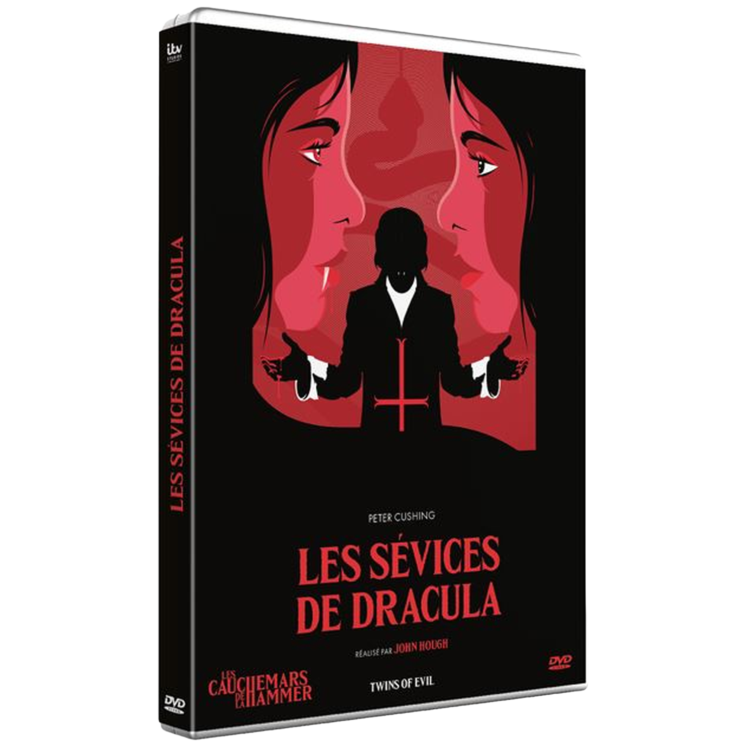 DVD-hoes van "Les Sevices de Dracula". Rood en zwart ontwerp met silhouetten en tekst. Bevat de naam Peter Cushing.