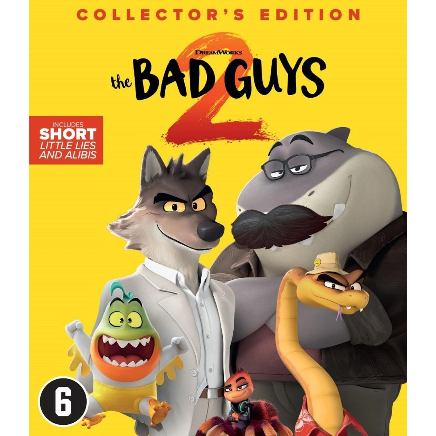 DVD-omslag van The Bad Guys 2: Wolf, Haai, Piranha, Slang, Spin karakters. Gele achtergrond met tekst en een '6'-icoon.