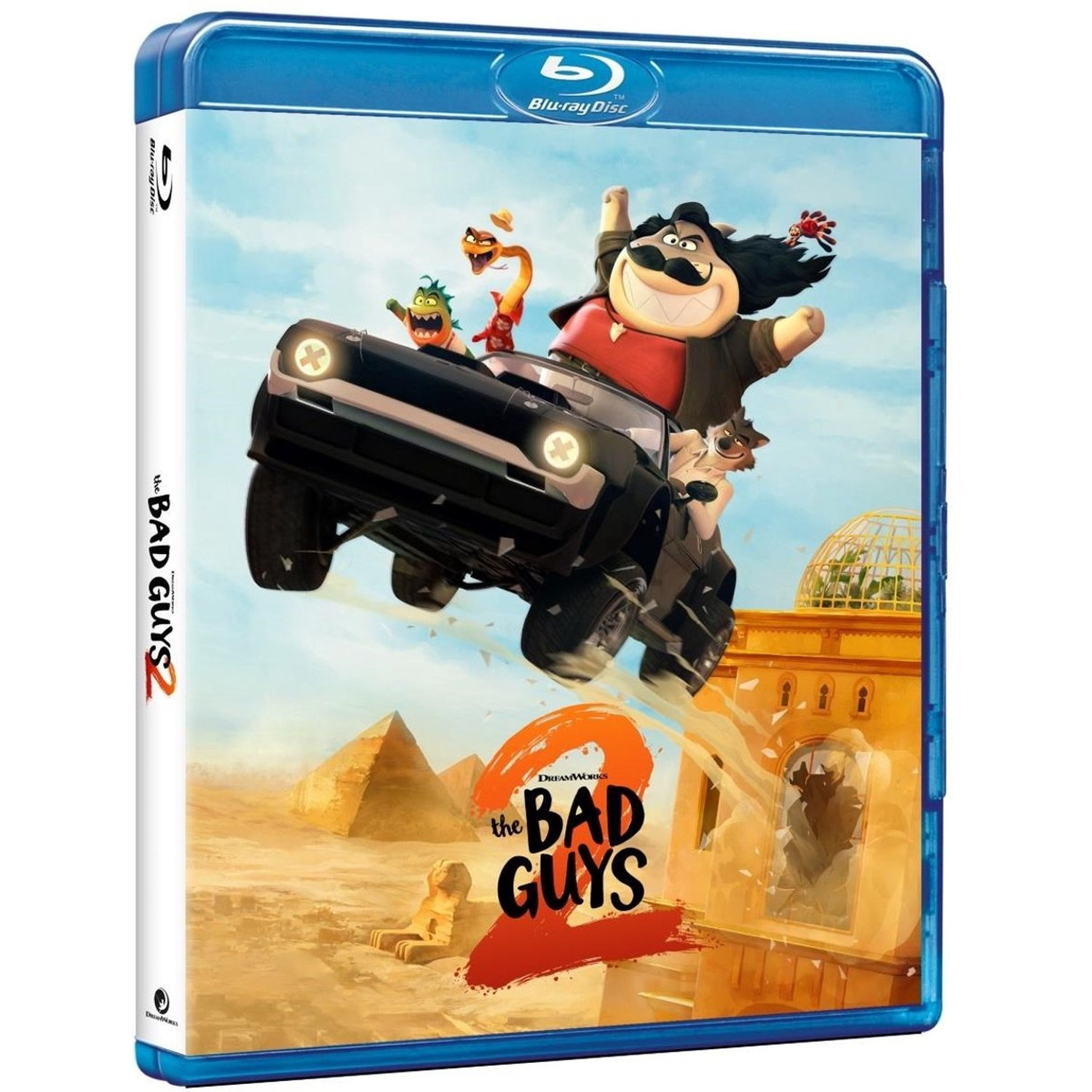 Blu-ray-hoes van 'The Bad Guys 2'. Geanimeerde personages in een auto, woestijnachtergrond, piramides en een gebouw met gebroken raam.