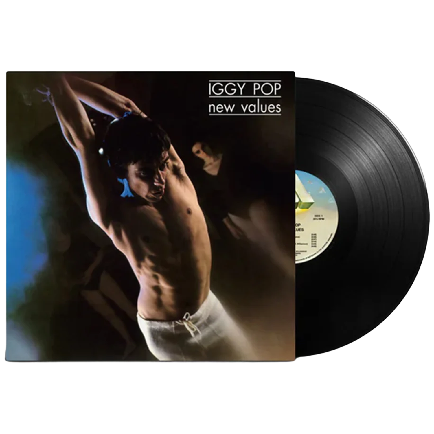 Albumhoes van Iggy Pop, "New Values". Een man zonder shirt met opgeheven armen. Een zwarte vinylplaat staat naast de albumhoes.