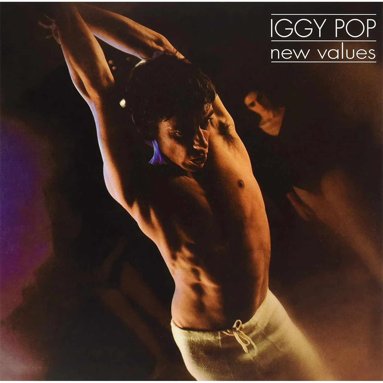 Iggy Pop albumhoes. Een man zonder shirt met opgeheven armen. Albumtitel 'New Values'.