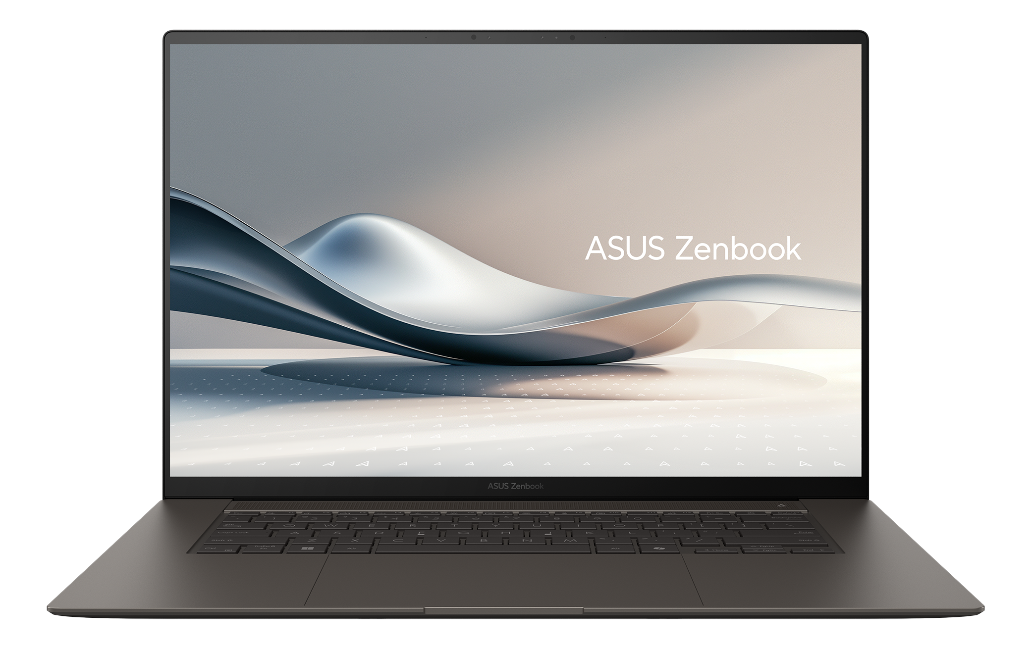 ASUS Zenbook Laptop. Bildschirm zeigt Wellendesign. Tastatur unter dem Bildschirm. Dunkelgraues Gehäuse auf schwarzem Hintergrund.