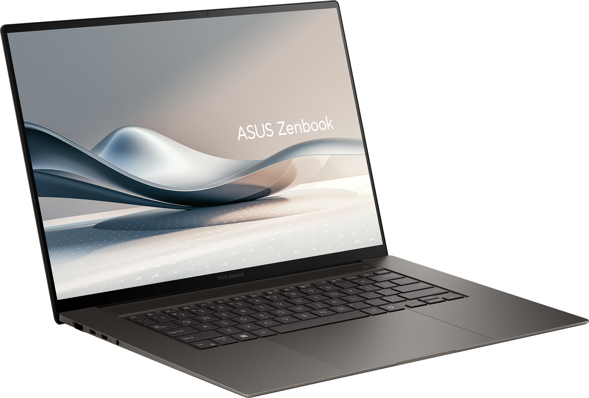 Ein graues ASUS Zenbook-Laptop ist geöffnet. Der Bildschirm zeigt eine stilisierte Wellengrafik. Tastatur sichtbar. Schwarzer Hintergrund.