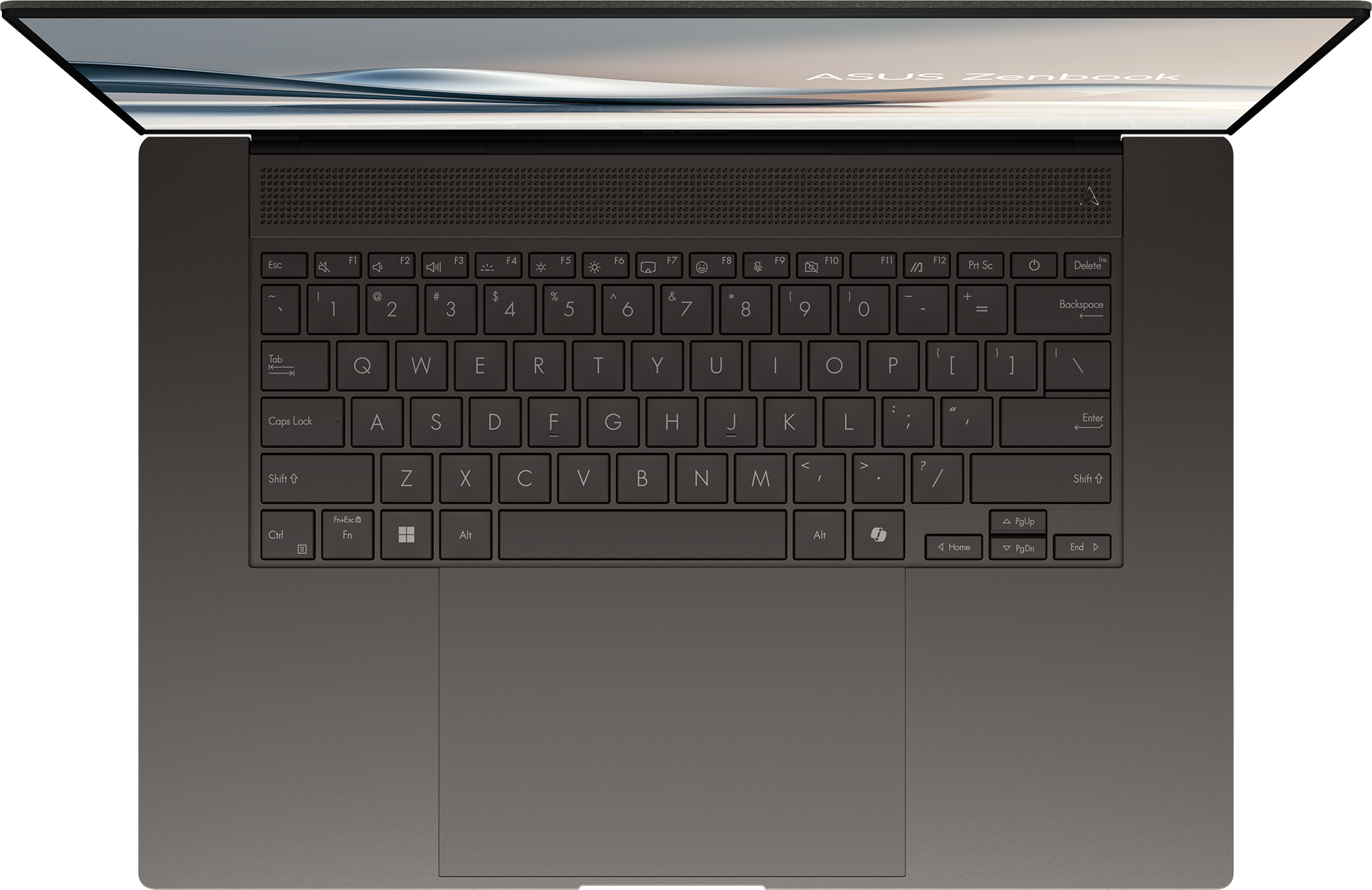 Draufsicht auf einen ASUS Zenbook-Laptop. Die Tastatur ist mit Tasten, Touchpad und einem Bildschirm im Hintergrund sichtbar.