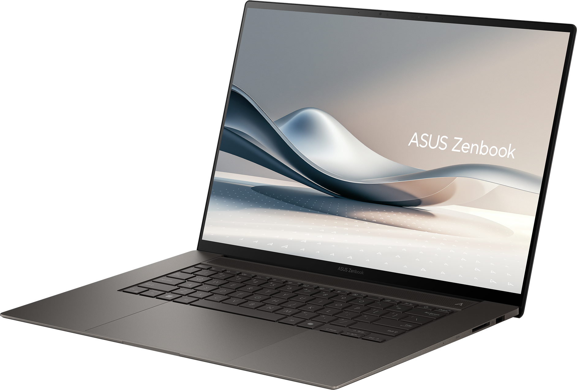 Ein graues ASUS Zenbook-Laptop wird schräg dargestellt. Der Bildschirm zeigt ein wellenförmiges, abstraktes Design. Tastatur sichtbar.