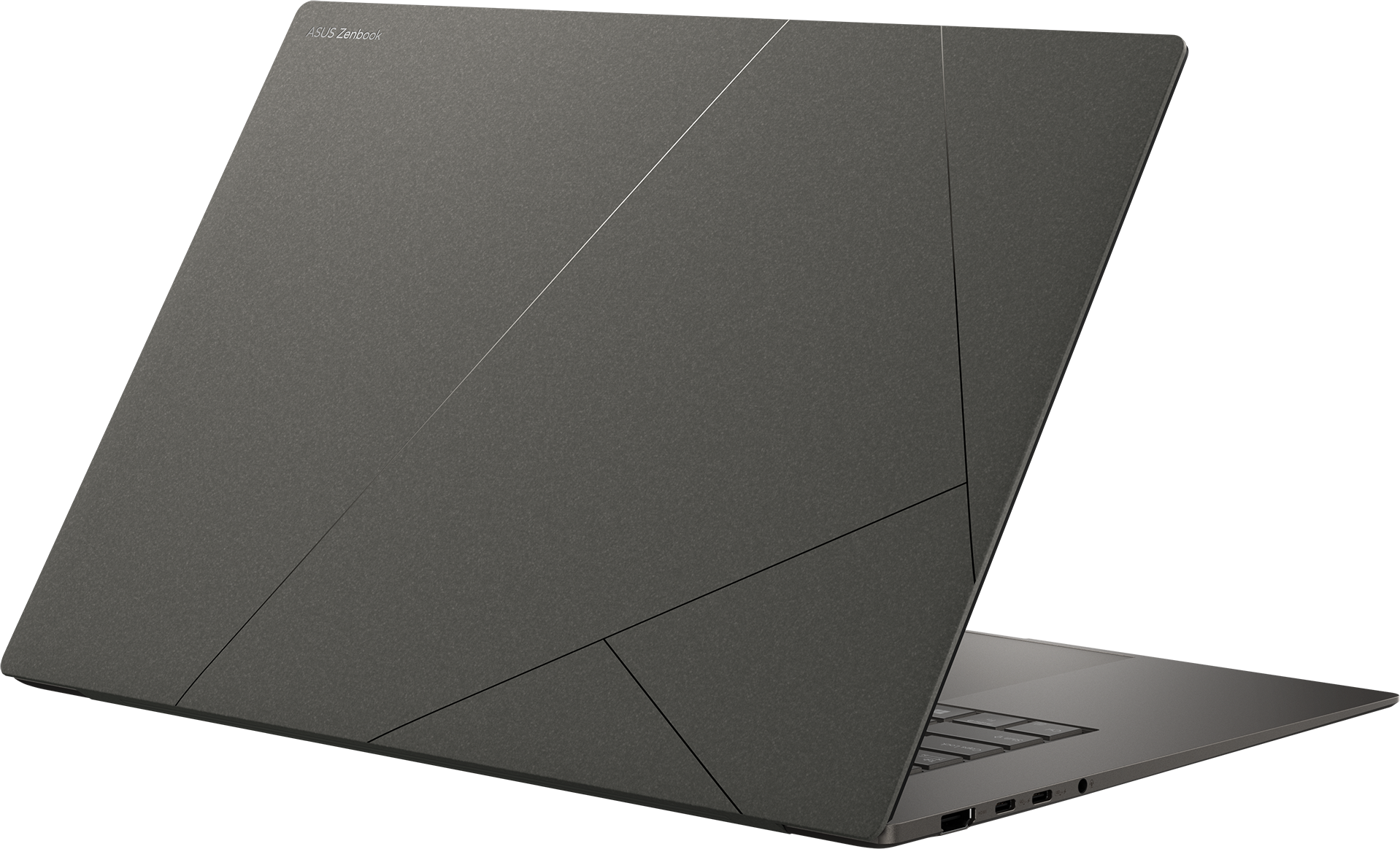 Ein dunkelgrauer Laptop ist leicht geöffnet und zeigt die Tastatur. Der Deckel hat geometrische Linien und das Asus Zenbook-Logo.