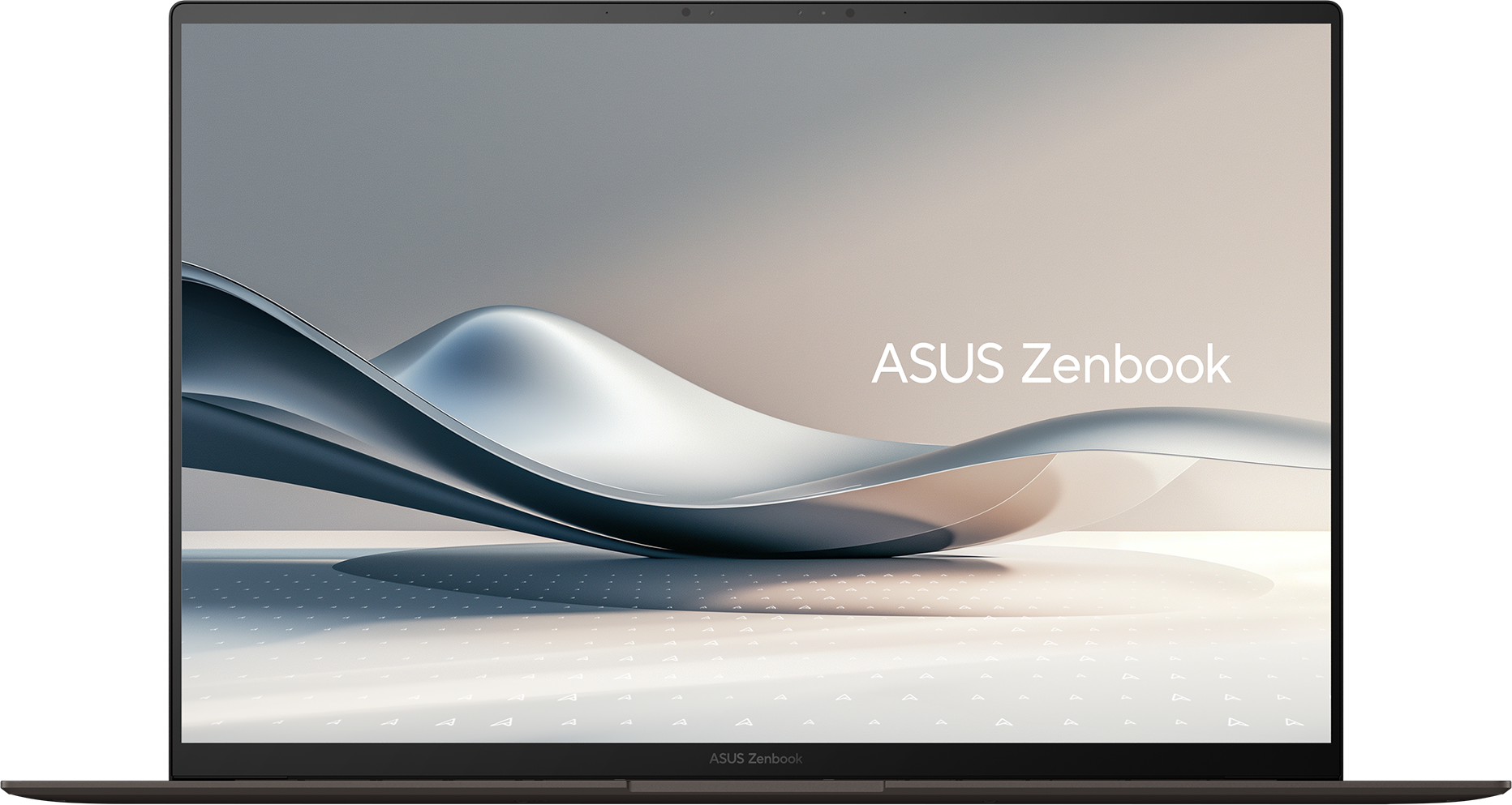 ASUS Zenbook Laptop. Abstraktes grau-blaues Wellendesign auf dem Bildschirm. Heller Hintergrund mit kleinen Dreiecksformen.