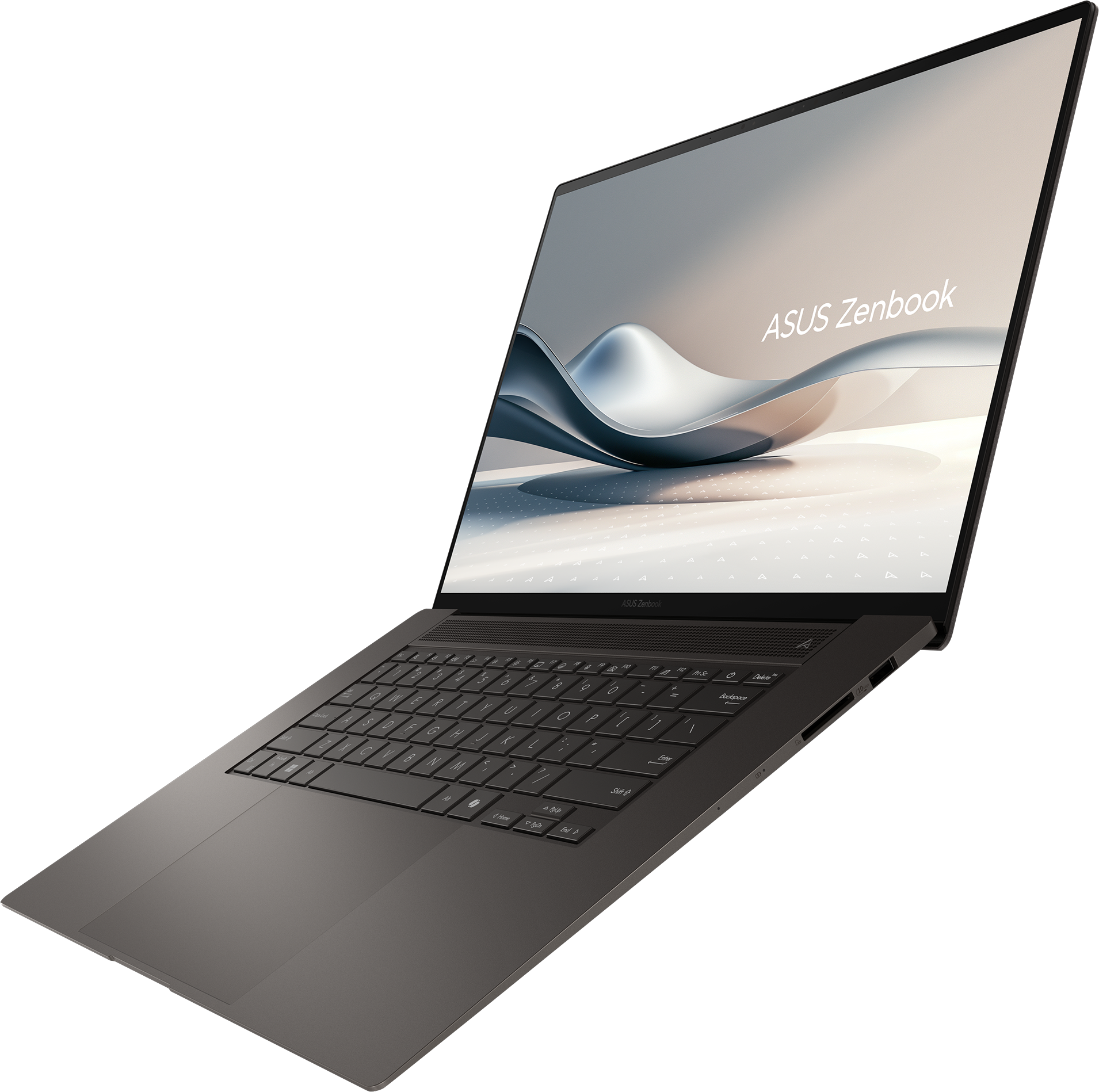Ein ASUS Zenbook-Laptop wird in einem Winkel angezeigt. Der Bildschirm zeigt ein modernes Design. Die Tastatur ist sichtbar.