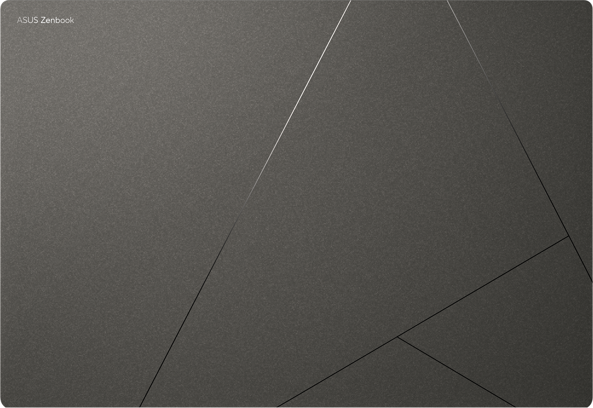 Dunkelgraue Oberfläche mit geometrischen Linien. Das ASUS Zenbook-Logo befindet sich oben links.