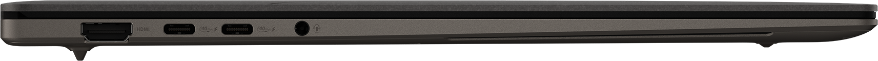 Seitenansicht eines Laptops mit Anschlüssen: HDMI, USB-C, USB und Audioanschluss. Dunkelgraues Metallgehäuse.